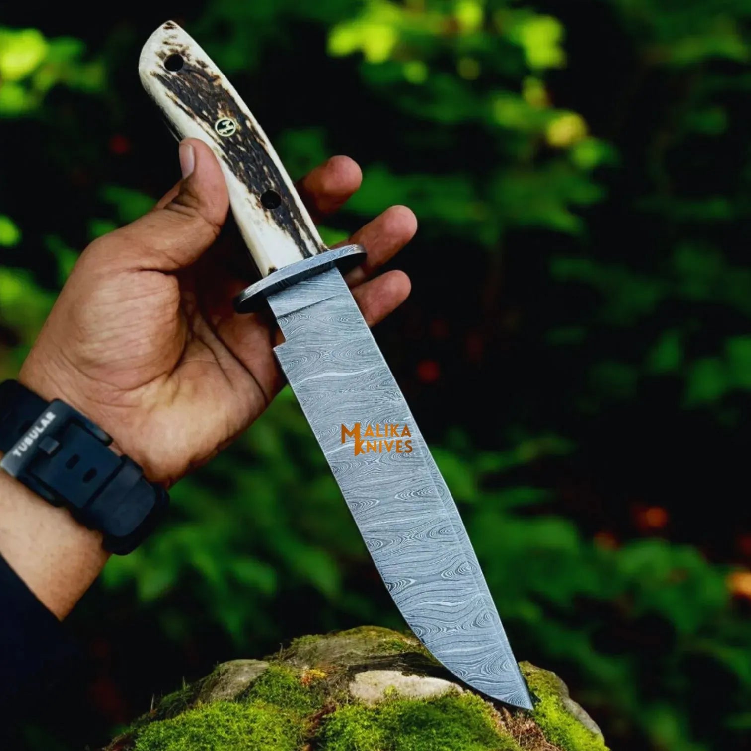 MALIKA KNIVES simple Damascus Stag Handle Bowie Knife Full Tang