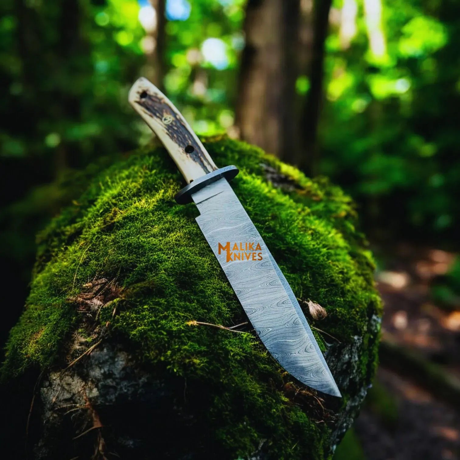 MALIKA KNIVES simple Damascus Stag Handle Bowie Knife Full Tang