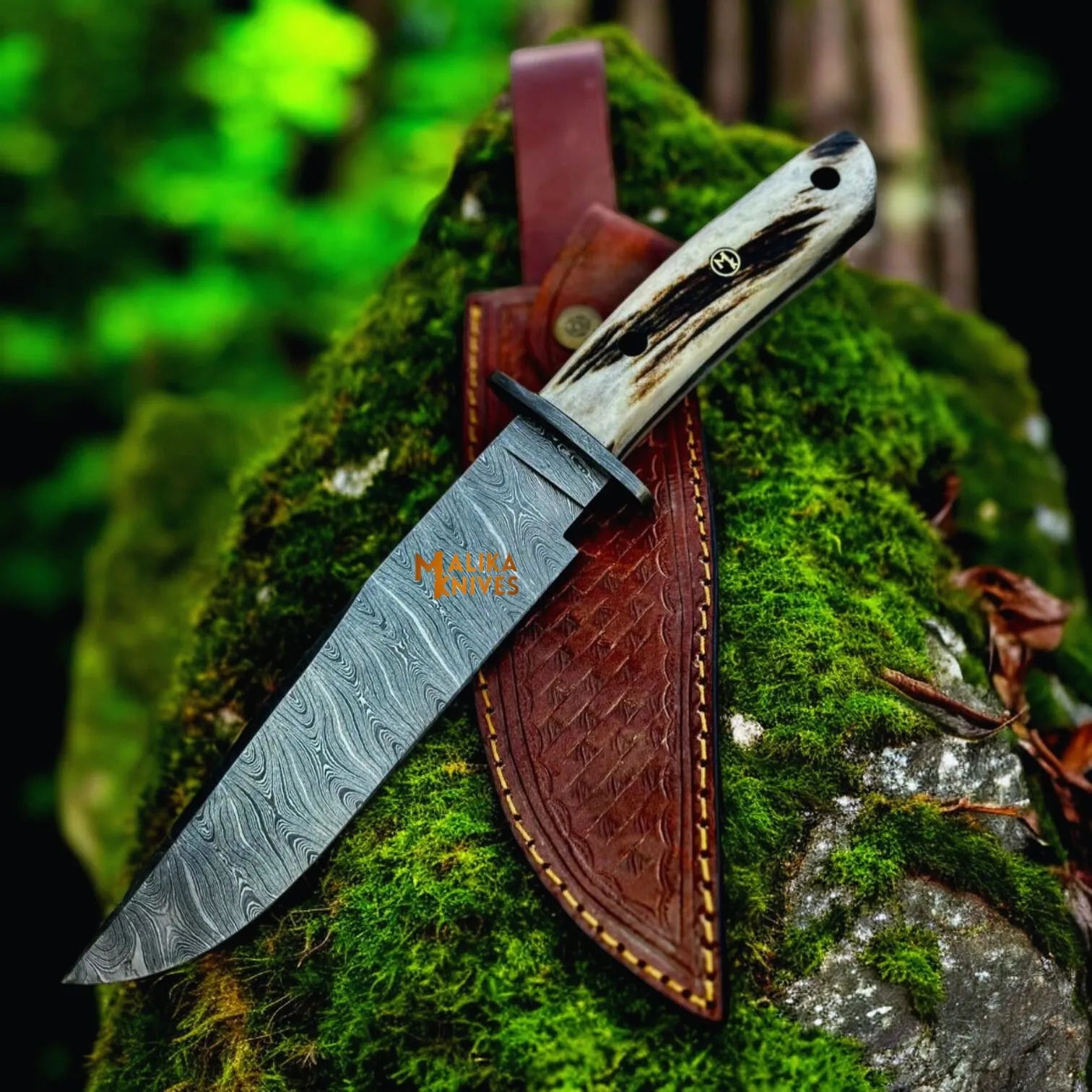 MALIKA KNIVES simple Damascus Stag Handle Bowie Knife Full Tang