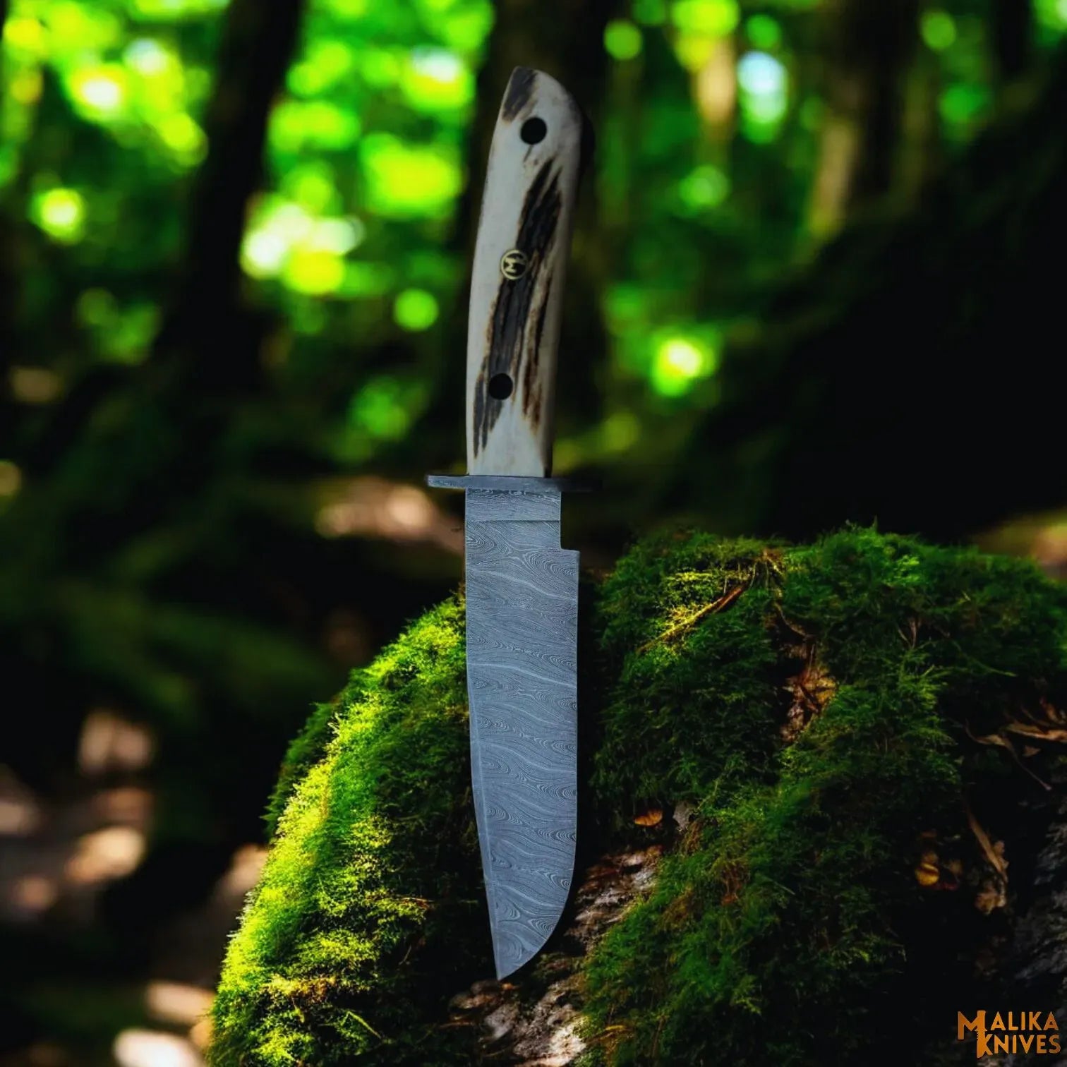 MALIKA KNIVES simple Damascus Stag Handle Bowie Knife Full Tang