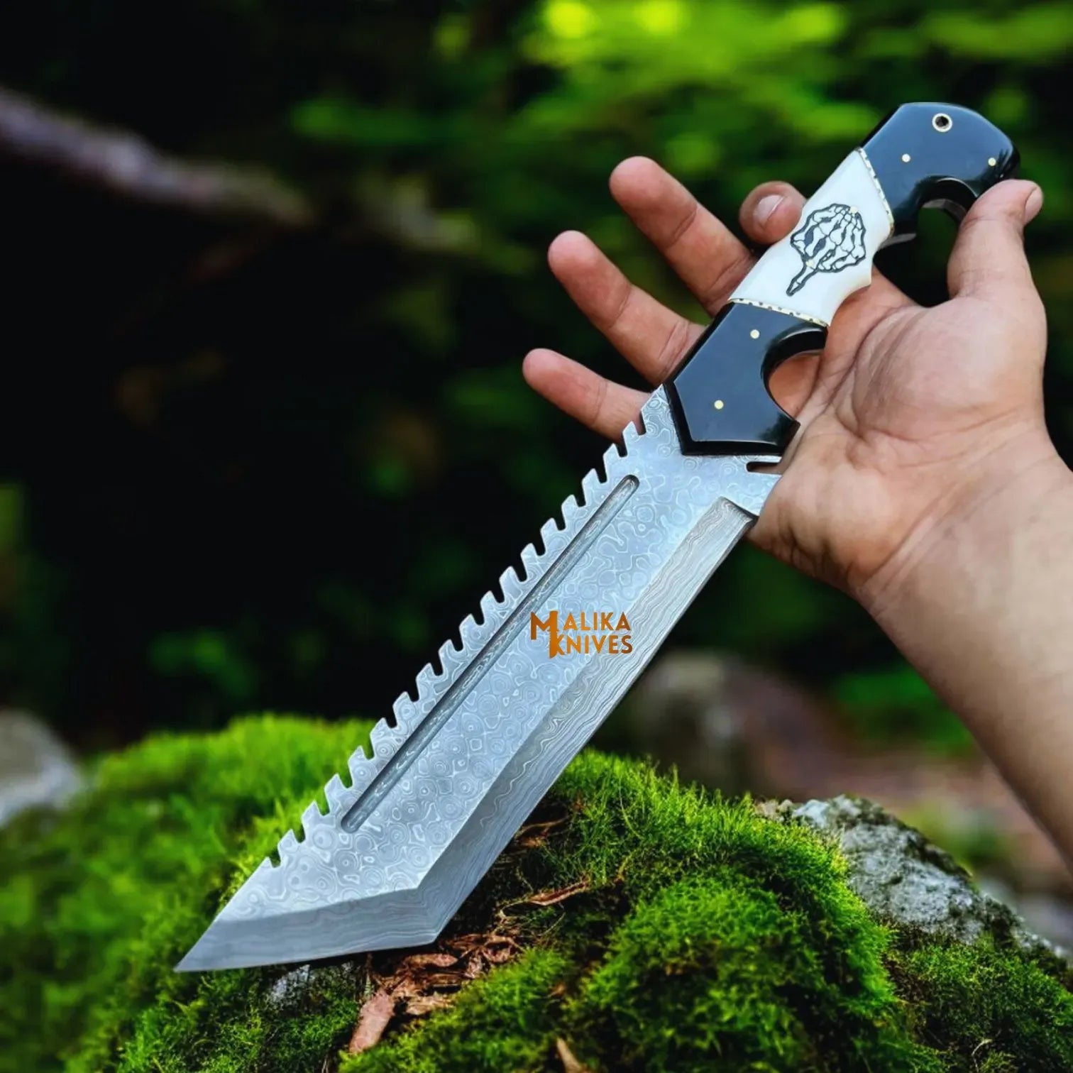 MALIKA KNIVES simple Damascus Tracker Bowie Knife Resin Handle Outdoor Sheath