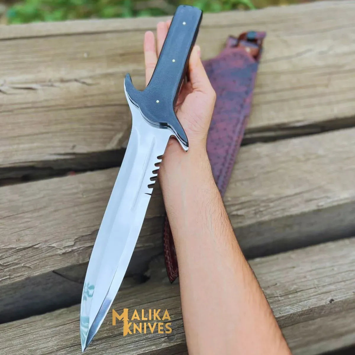 MALIKA KNIVES simple Double Edge Bowie Knife 15” J2 Steel | Micarta G10