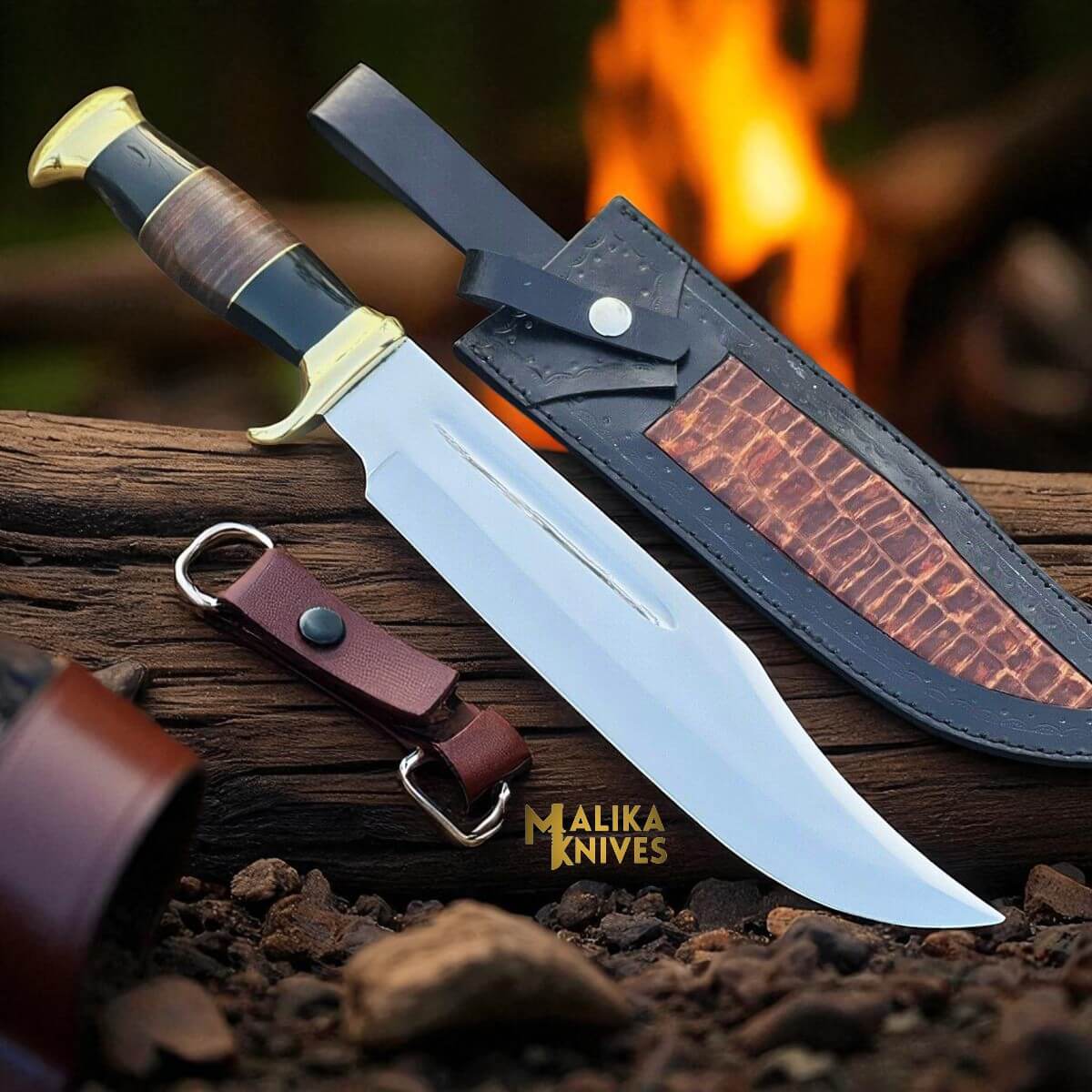 MALIKA KNIVES simple Dundee Bowie Knife D2 Carbon Steel with Bull Horn