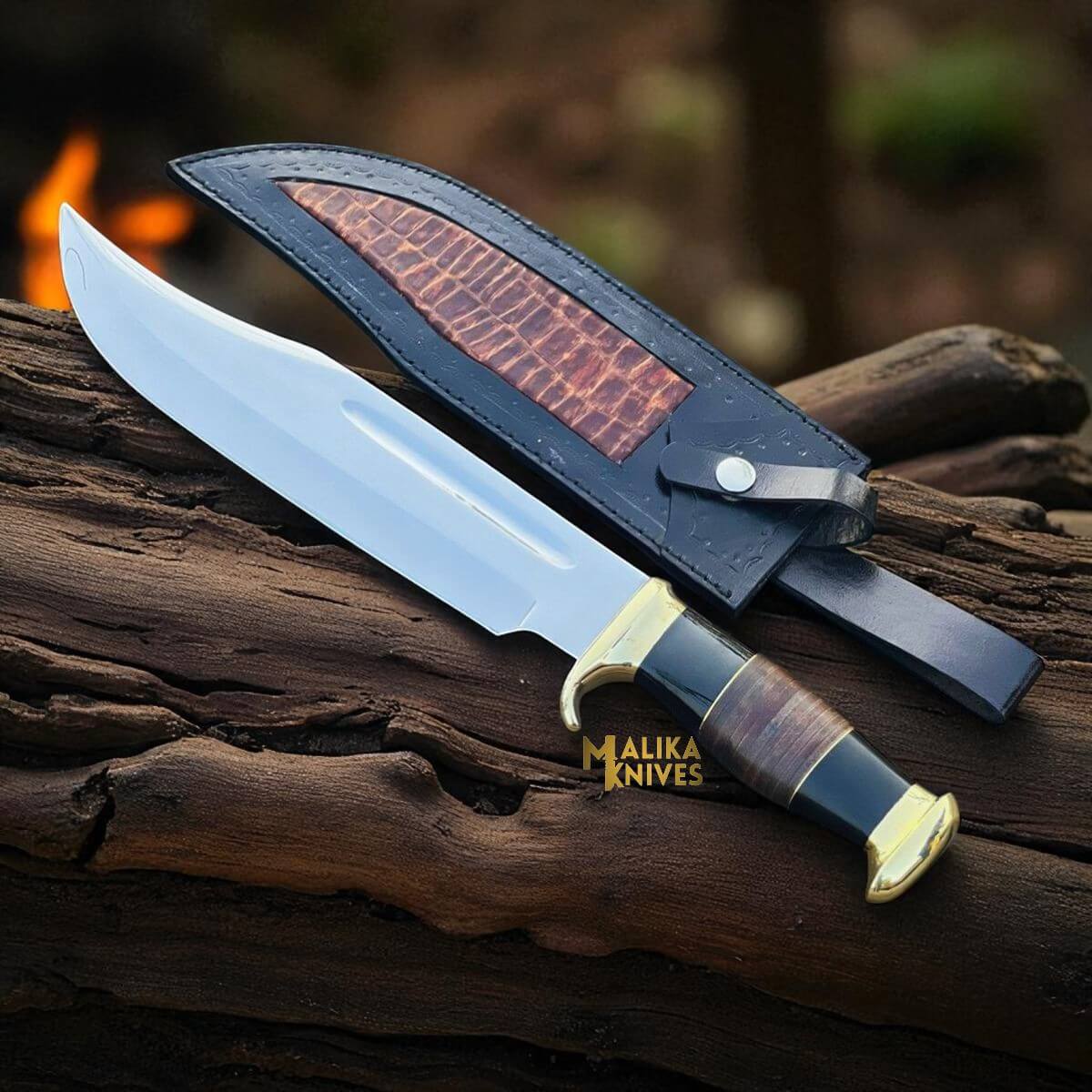 MALIKA KNIVES simple Dundee Bowie Knife D2 Carbon Steel with Bull Horn