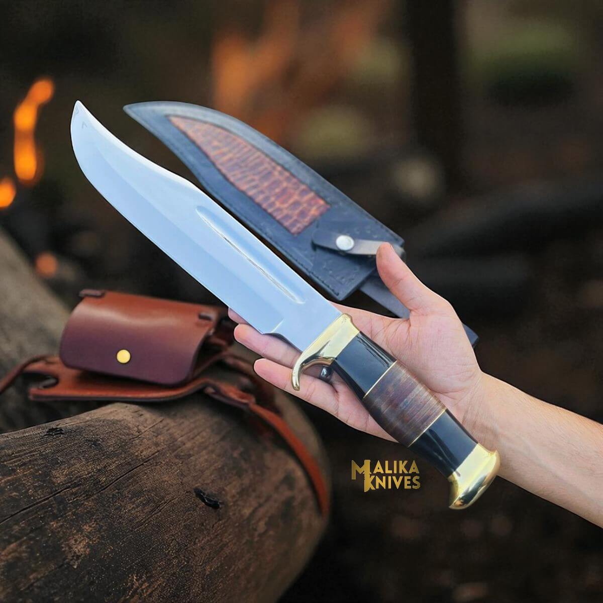 MALIKA KNIVES simple Dundee Bowie Knife D2 Carbon Steel with Bull Horn