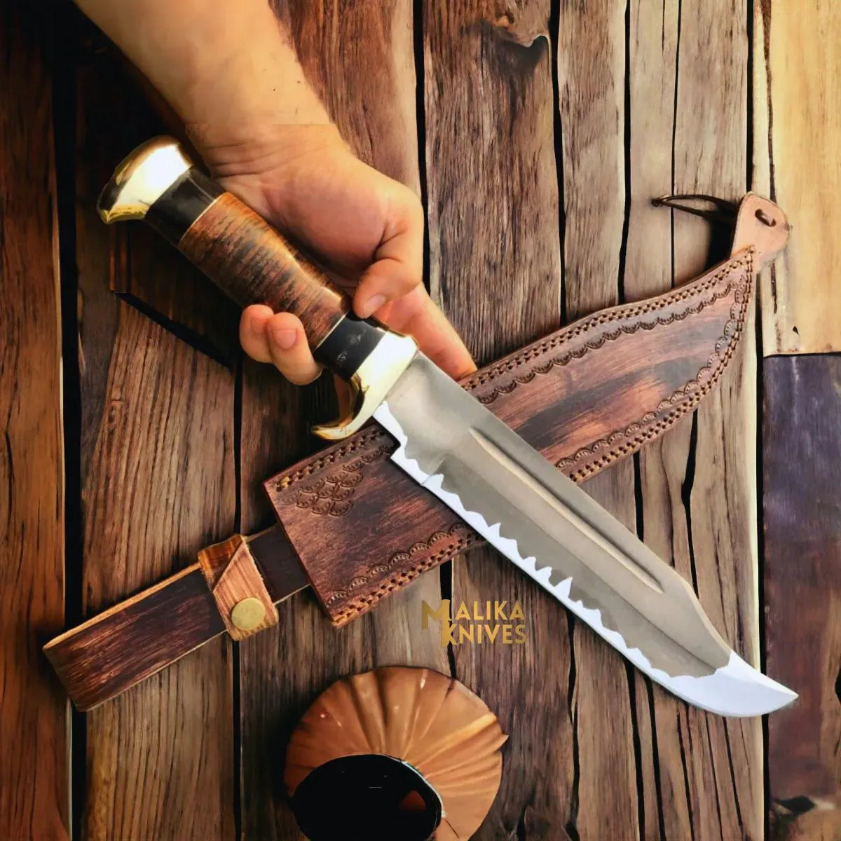 MALIKA KNIVES simple Dundee Style Bowie Knife D2 Steel Acid Etched