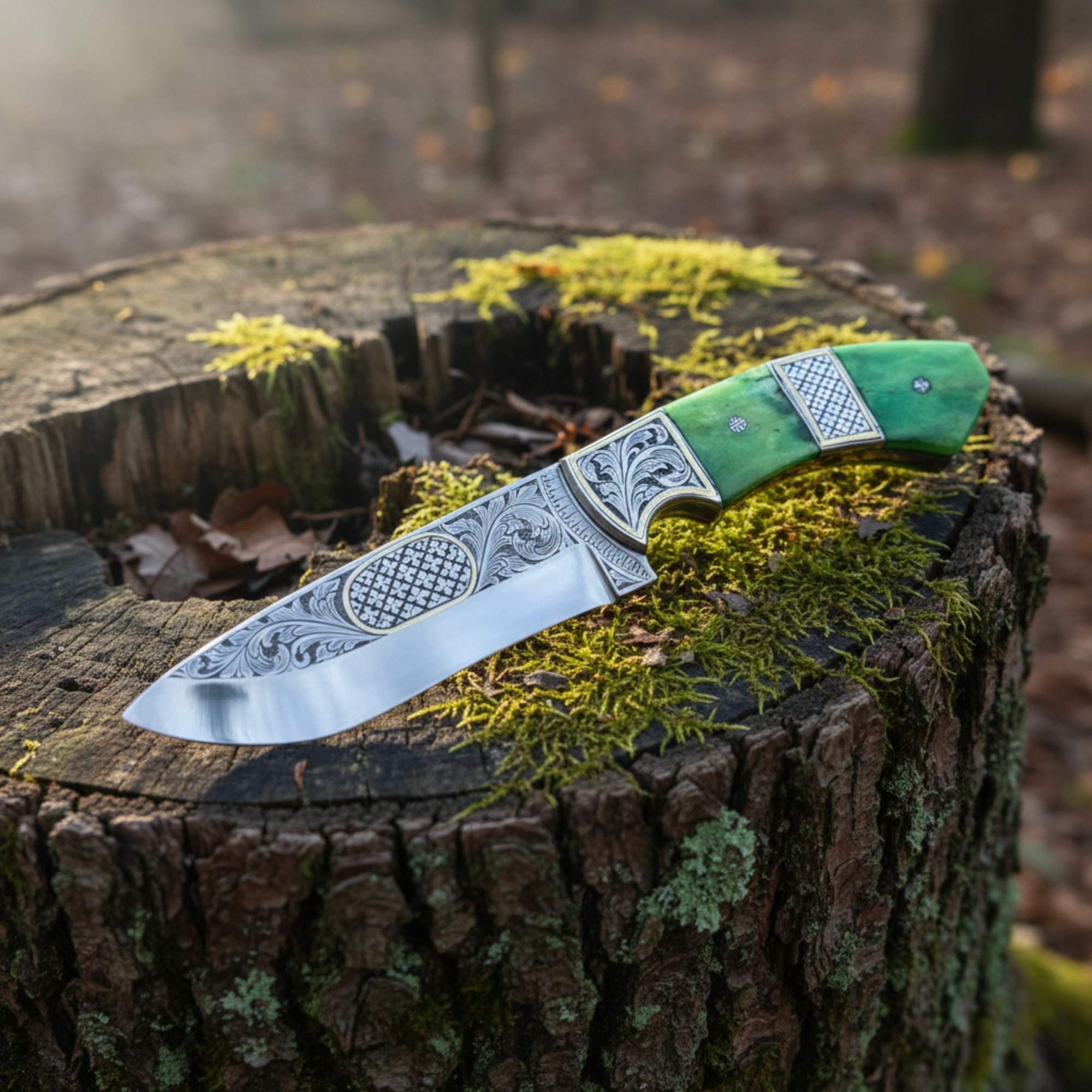 MALIKA KNIVES simple Engraved D2 Hunting Knife Brass Inlay Camel Bone
