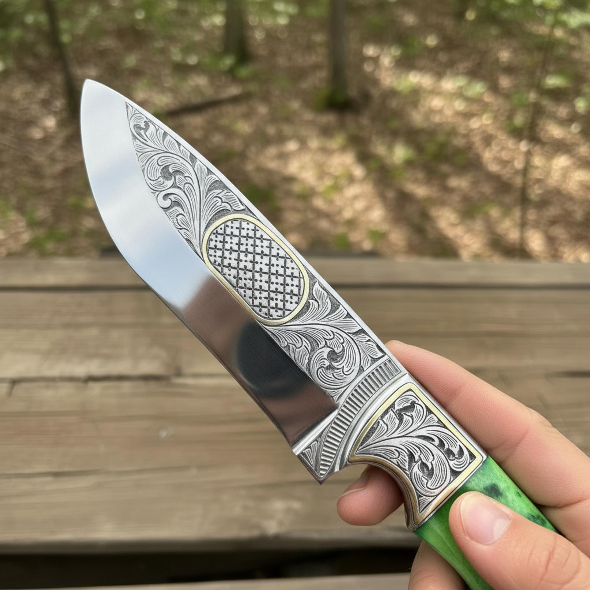 MALIKA KNIVES simple Engraved D2 Hunting Knife Brass Inlay Camel Bone