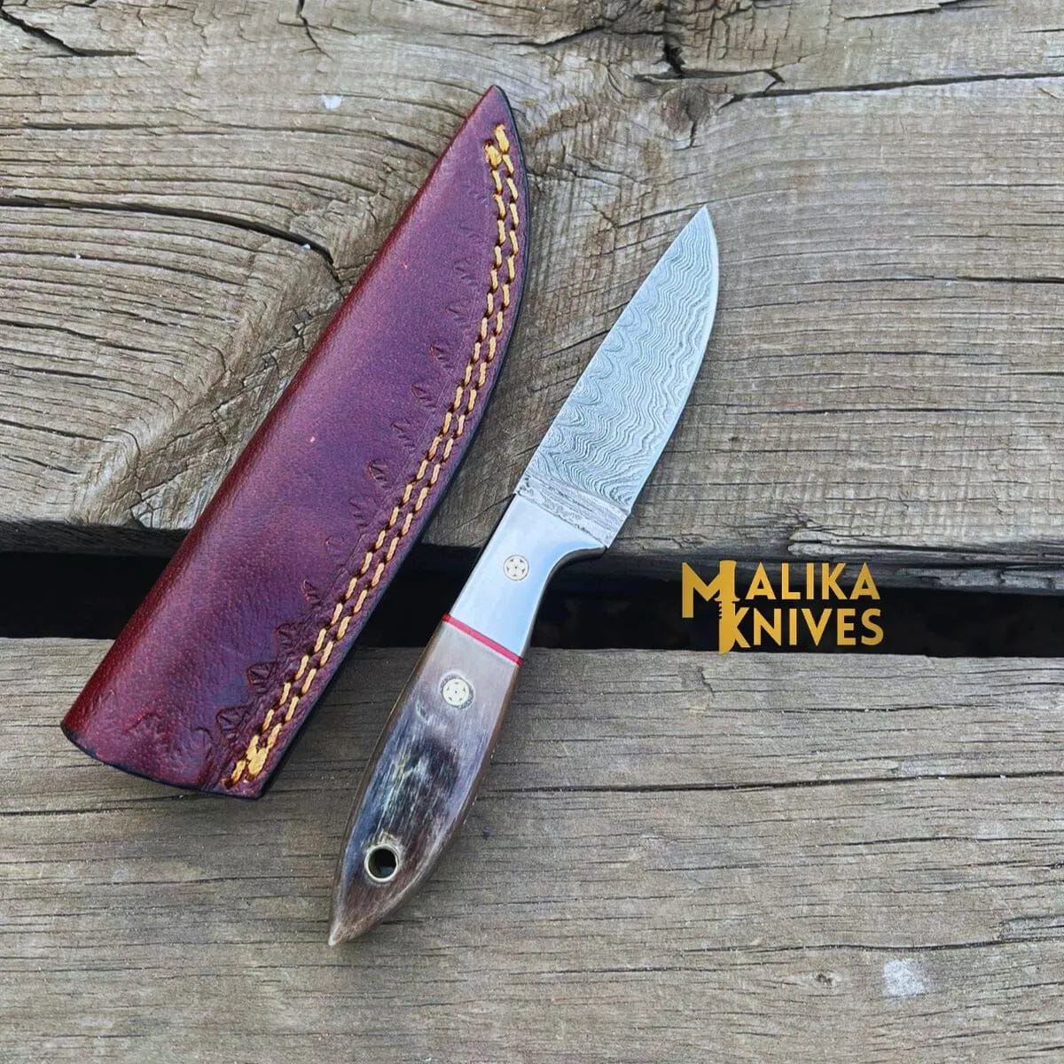 MALIKA KNIVES simple Exceptional Damascus Steel Skinner Knife with Genuine Ram Horn Handle - Ultimate Precision for Hunting and Outdoor Enthusiasts-0026