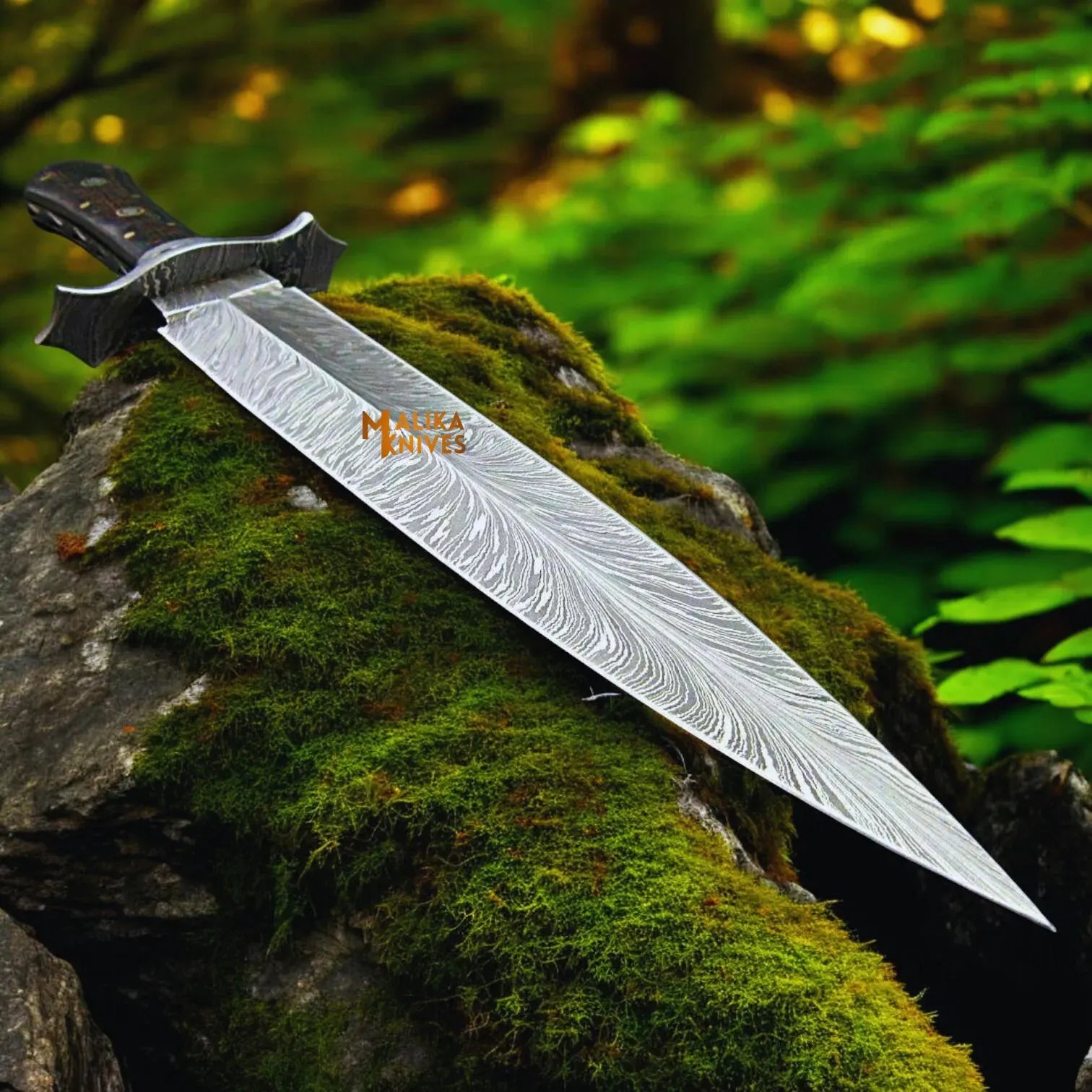 MALIKA KNIVES simple Feather Damascus Bowie Knife G10 Handle Leather Sheath