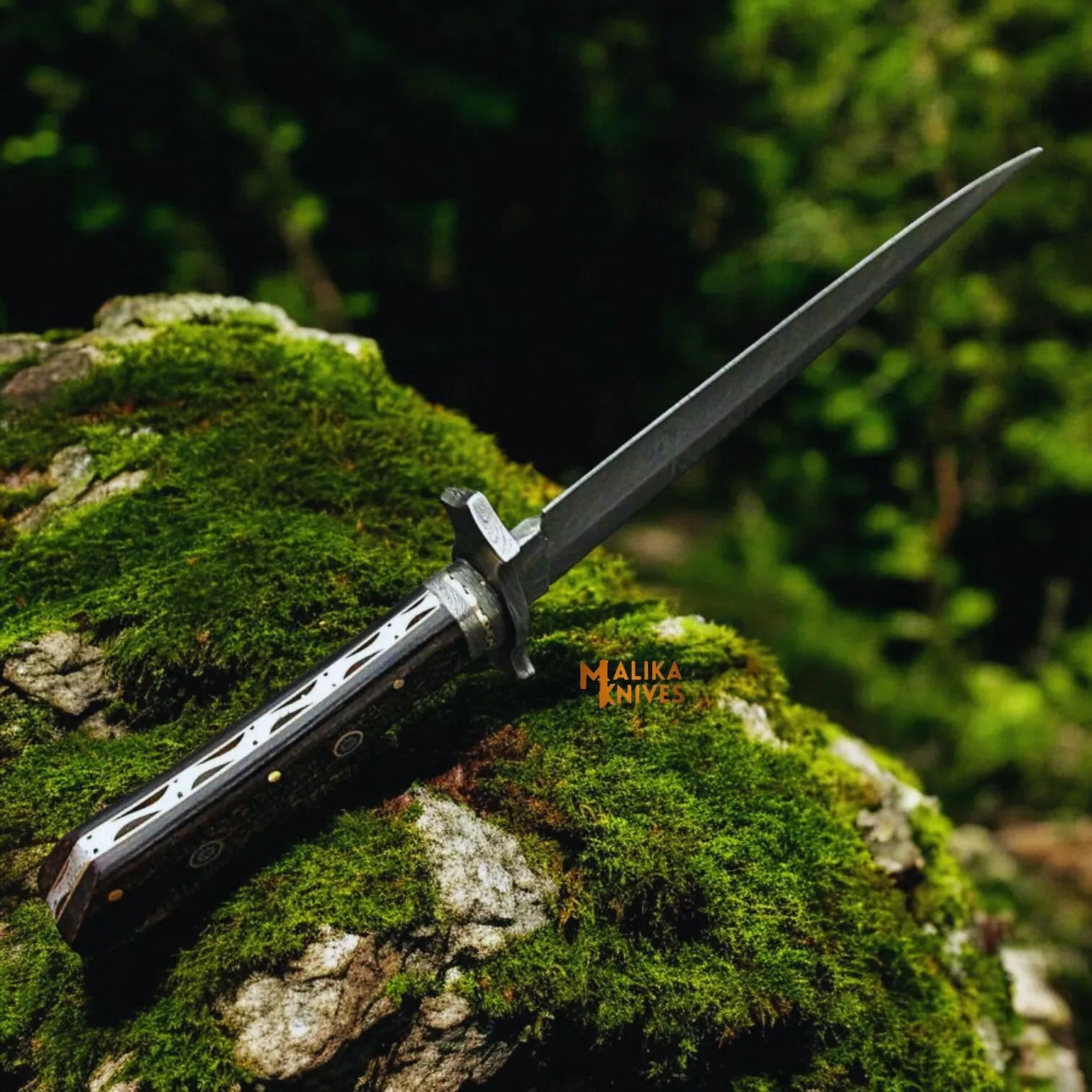 MALIKA KNIVES simple Feather Damascus Bowie Knife G10 Handle Leather Sheath