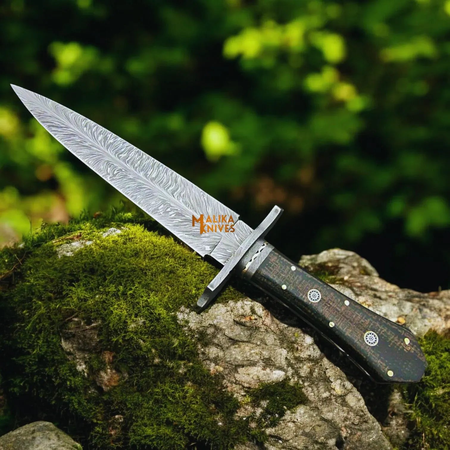 MALIKA KNIVES simple Feather Damascus Bowie Knife G10 Handle Leather Sheath