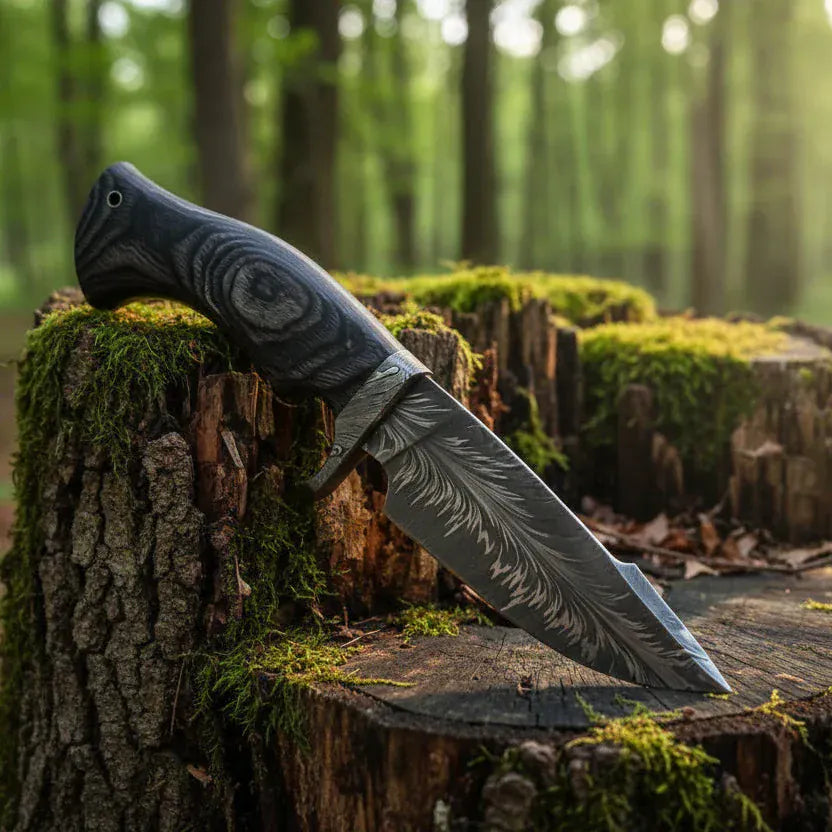 MALIKA KNIVES simple Feather Damascus Hunting Knife Pakka Wood Handle
