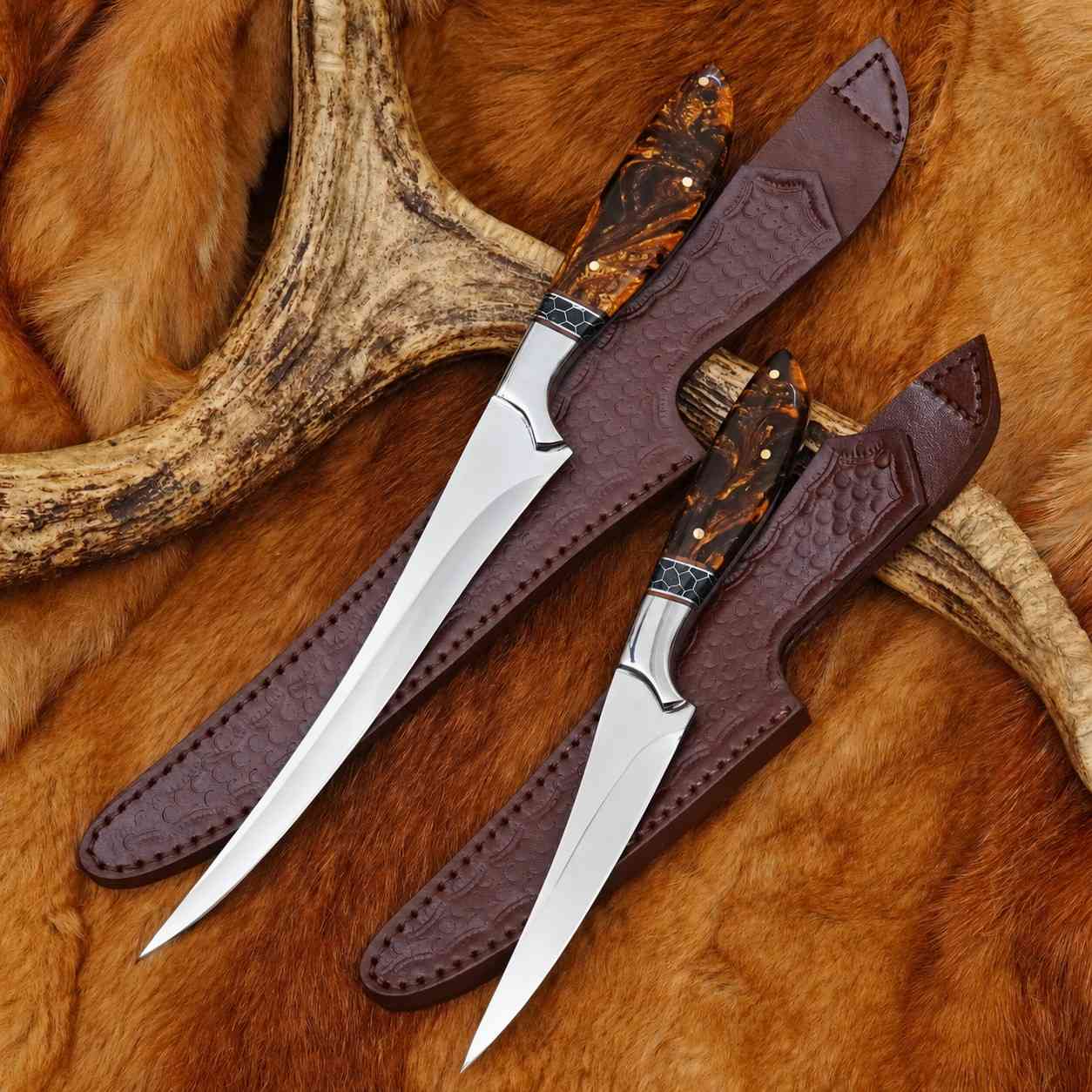 MALIKA KNIVES simple Fillet & Boning Knife Set – 440C Stainless, 2 Piece with Leather Sheaths