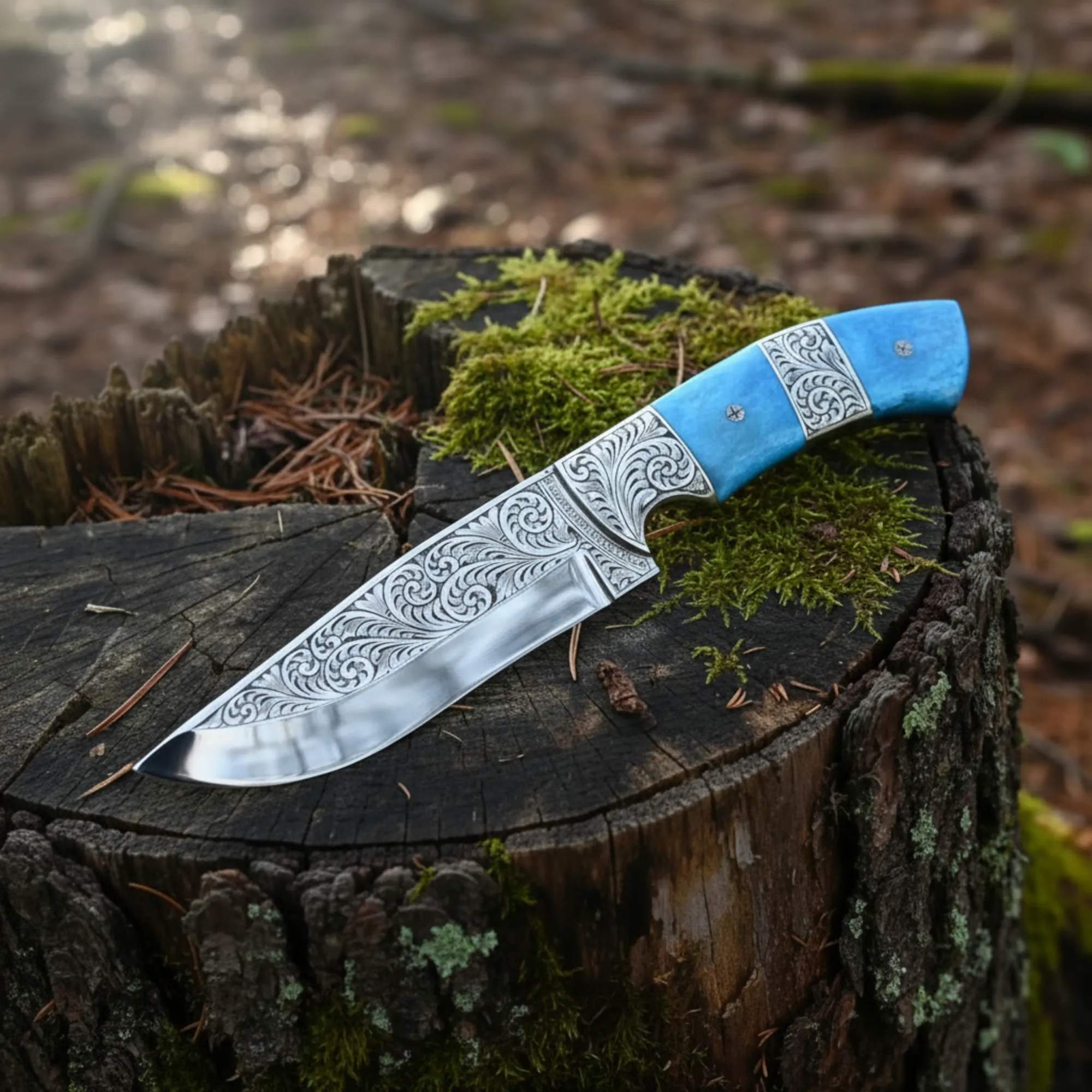 MALIKA KNIVES simple Hand Engraved D2 Hunting Knife Tinted Camel Bone Handle