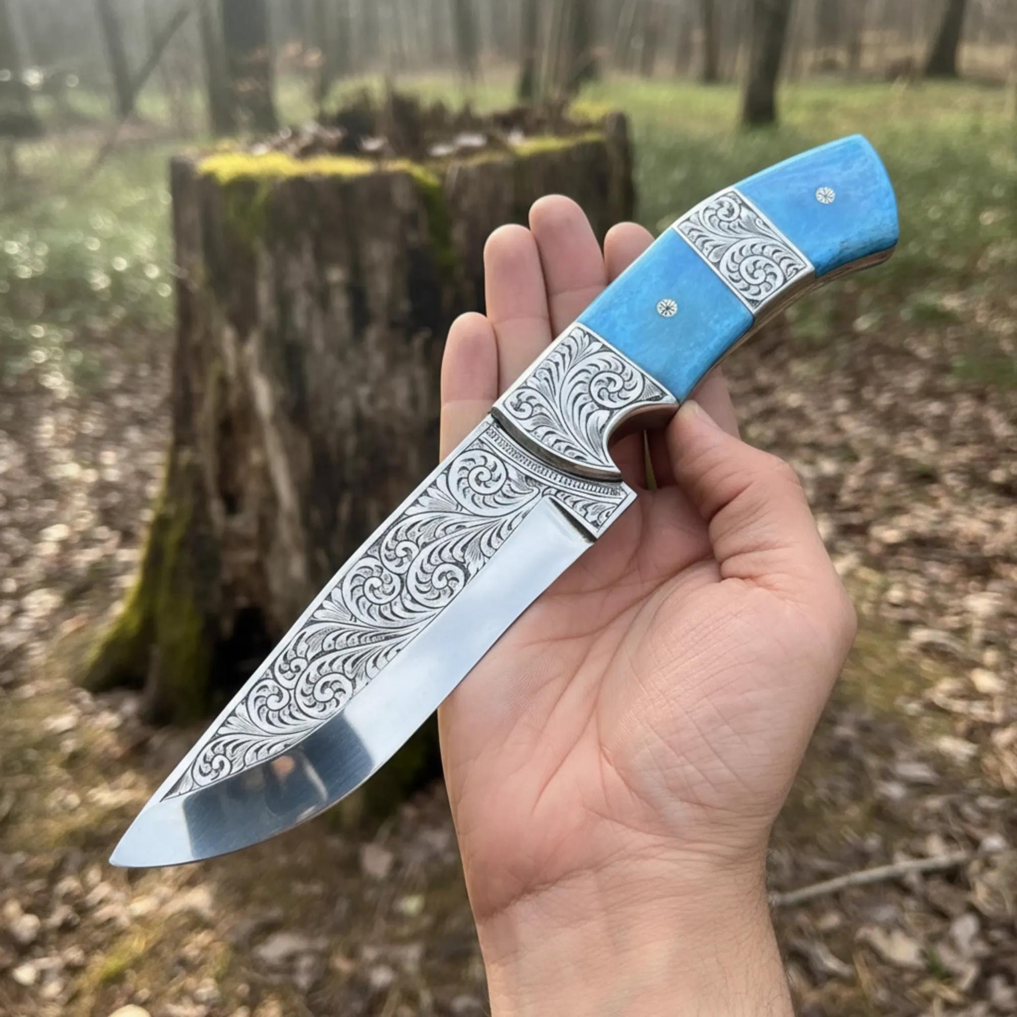 MALIKA KNIVES simple Hand Engraved D2 Hunting Knife Tinted Camel Bone Handle