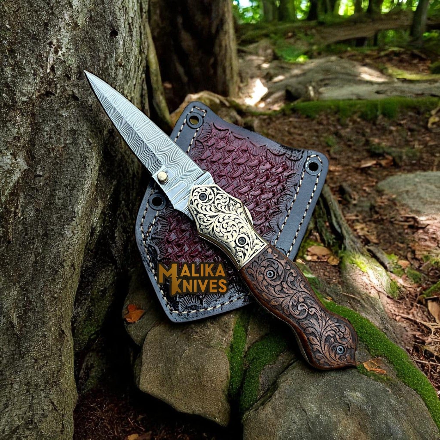 MALIKA KNIVES simple Hand-Engraved Damascus Steel Folding Knife – Custom EDC with Engraved Wood Handle-8010