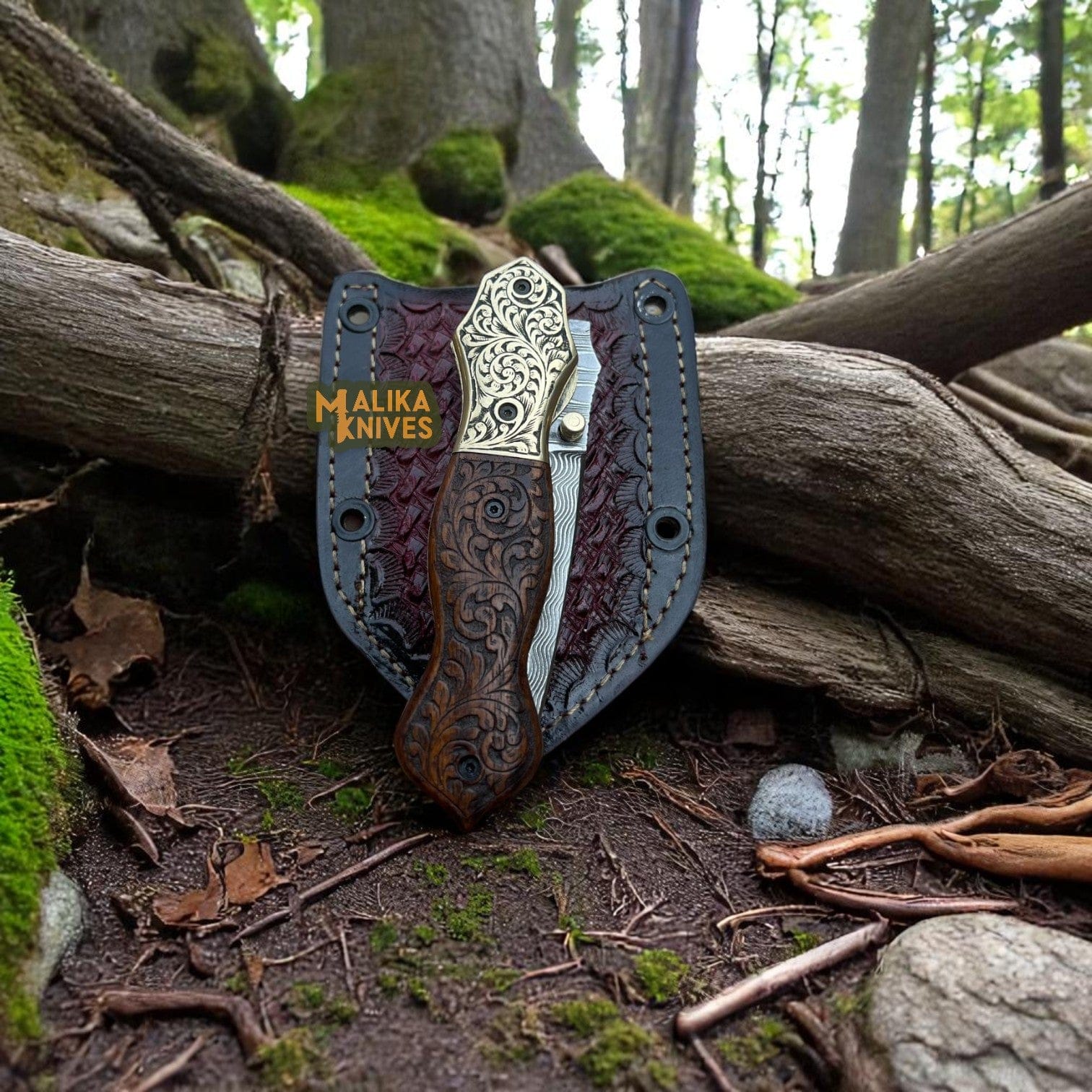 MALIKA KNIVES simple Hand-Engraved Damascus Steel Folding Knife – Custom EDC with Engraved Wood Handle-8010