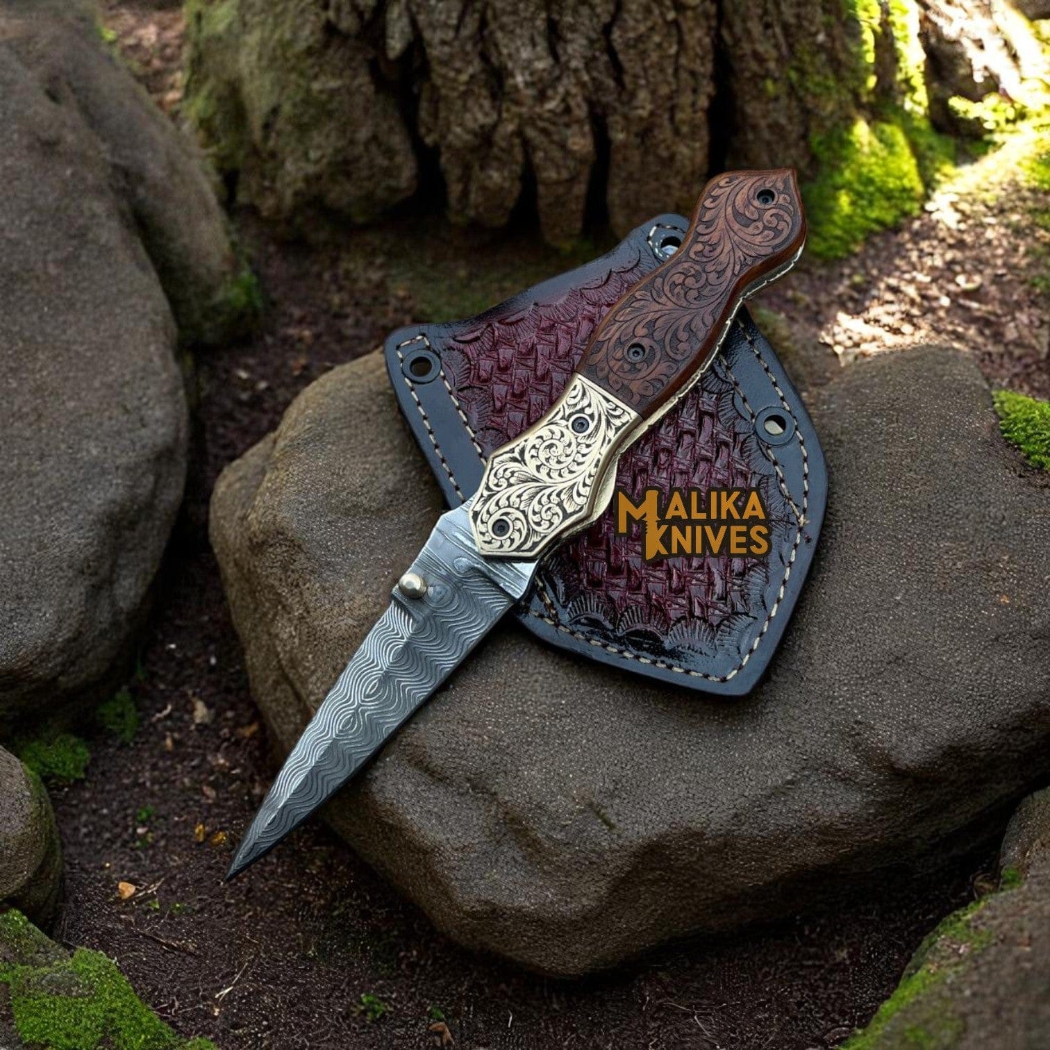 MALIKA KNIVES simple Hand-Engraved Damascus Steel Folding Knife – Custom EDC with Engraved Wood Handle-8010