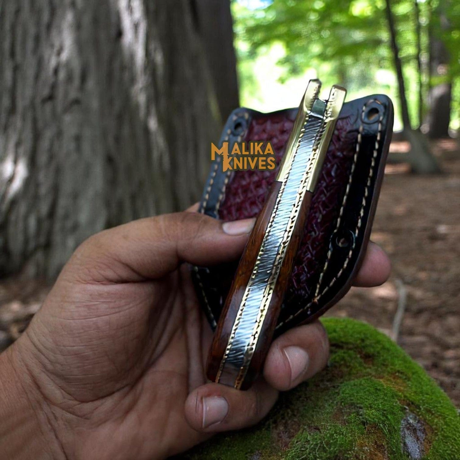 MALIKA KNIVES simple Hand-Engraved Damascus Steel Folding Knife – Custom EDC with Engraved Wood Handle-8010