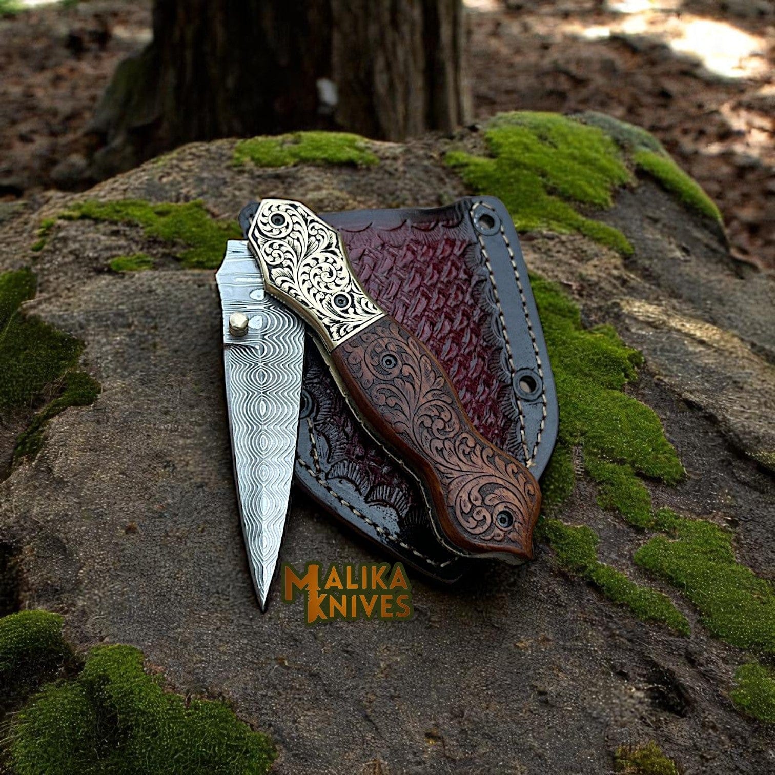 MALIKA KNIVES simple Hand-Engraved Damascus Steel Folding Knife – Custom EDC with Engraved Wood Handle-8010