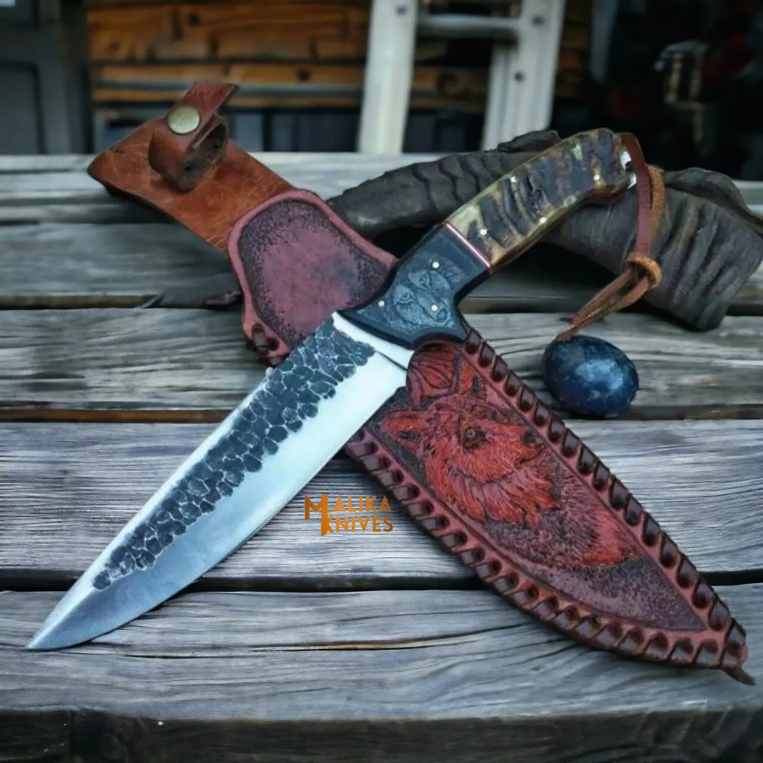 MALIKA KNIVES simple Hand Forged D2 Hunting Knife Bull Horn Handle