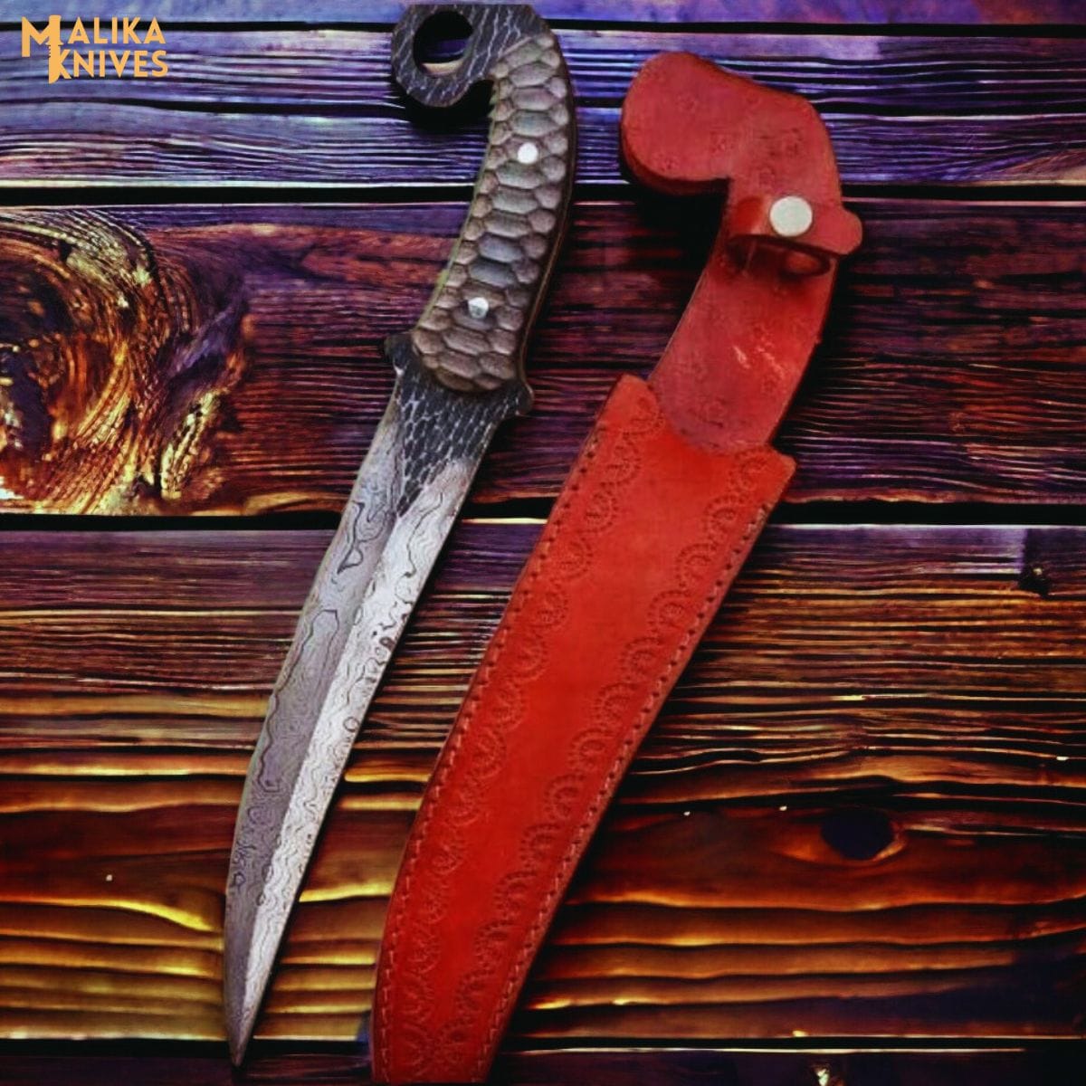 MALIKA KNIVES simple Hand forged Damascus Ringtail Hunting Knife