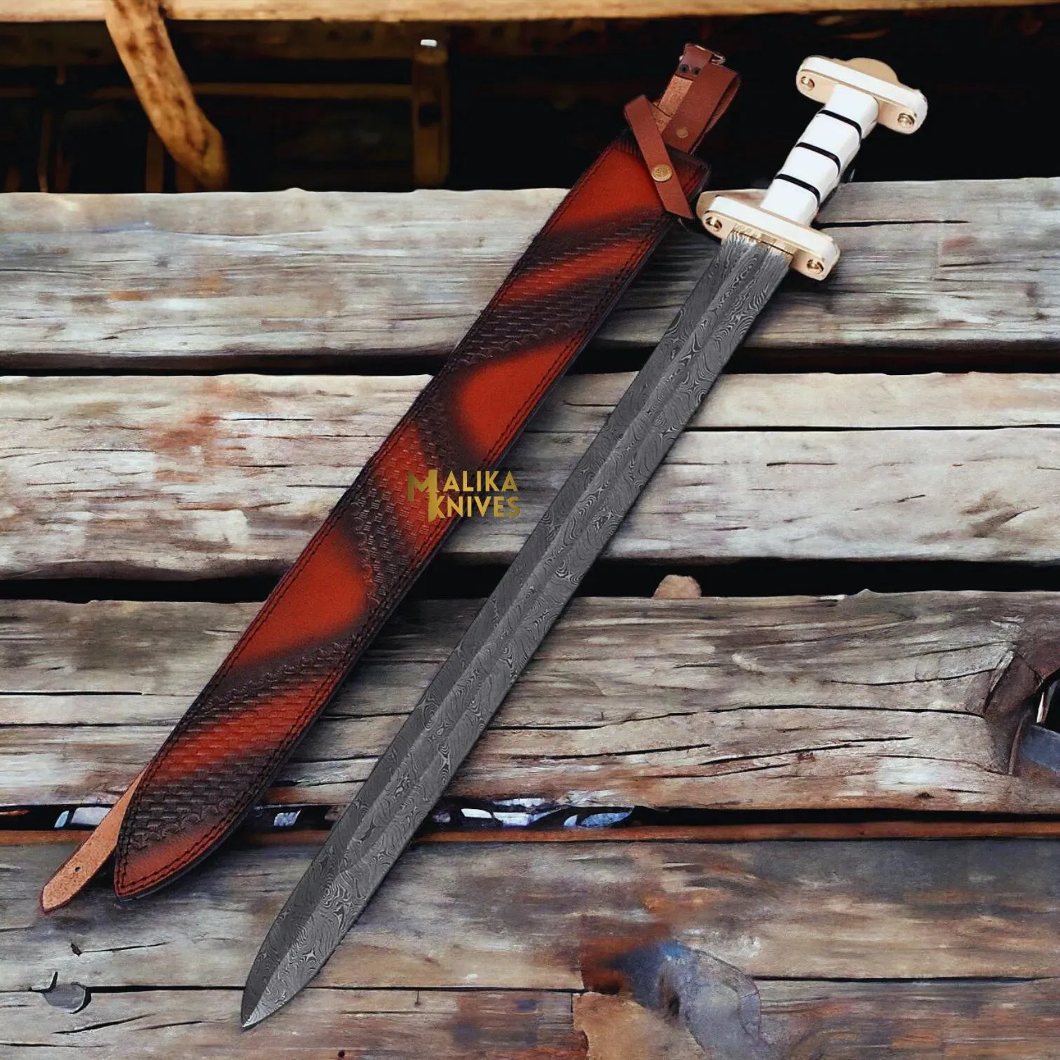 MALIKA KNIVES simple Handcrafted Viking Sword with Damascus Steel Blade-911