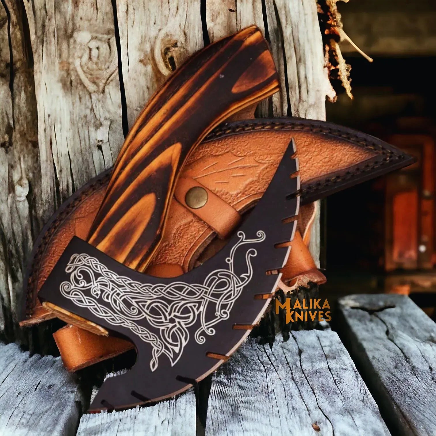 MALIKA KNIVES simple Handforged Viking Pizza Cutter Axe with Leather Sheath-1302