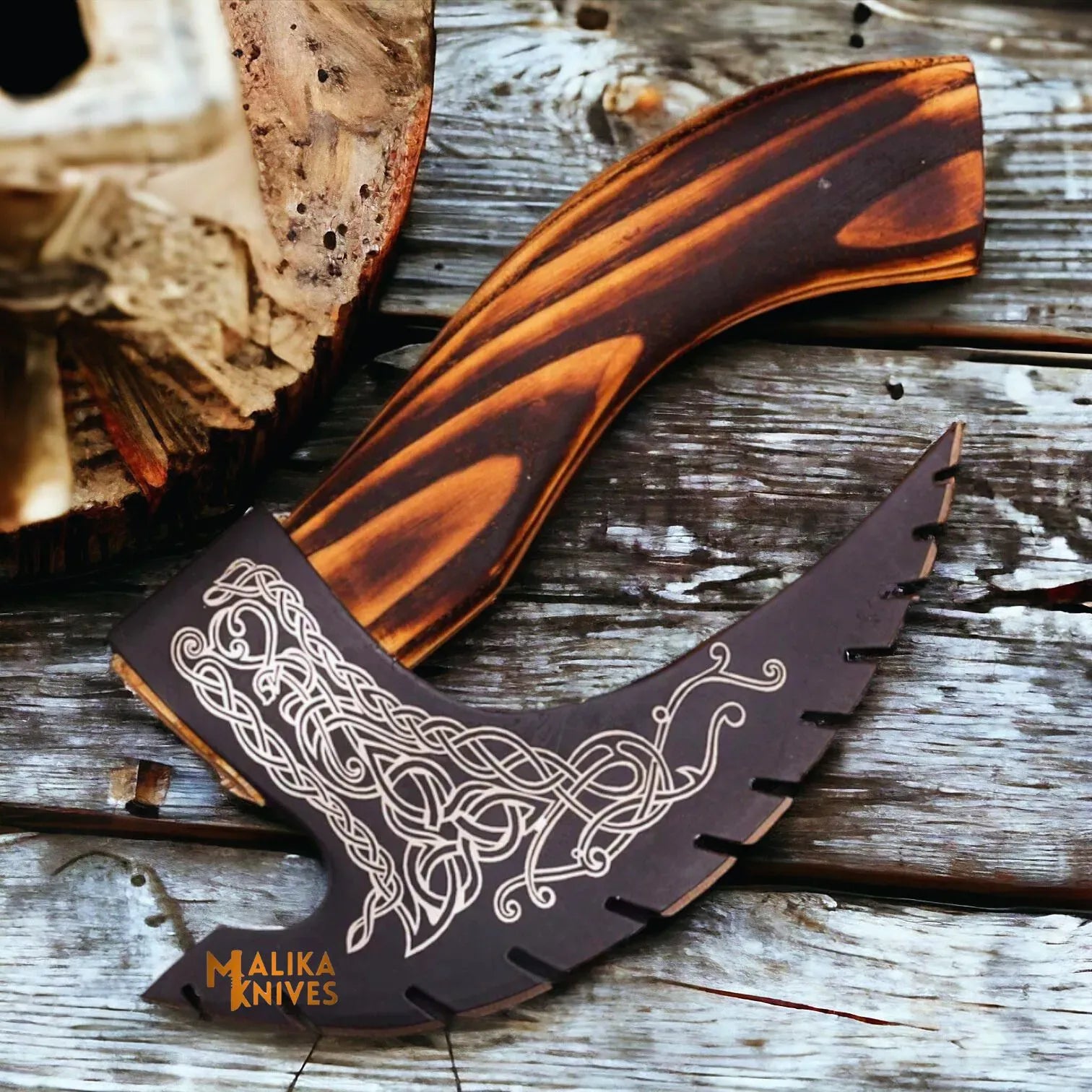 MALIKA KNIVES simple Handforged Viking Pizza Cutter Axe with Leather Sheath-1302