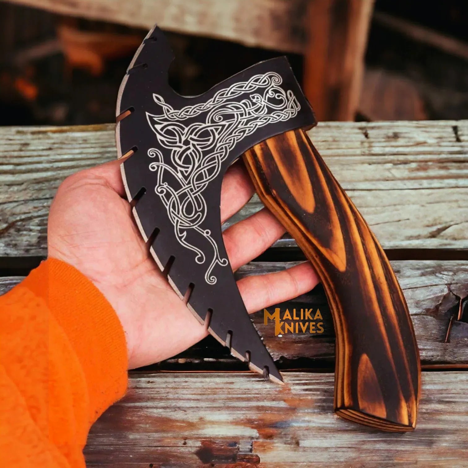 MALIKA KNIVES simple Handforged Viking Pizza Cutter Axe with Leather Sheath-1302