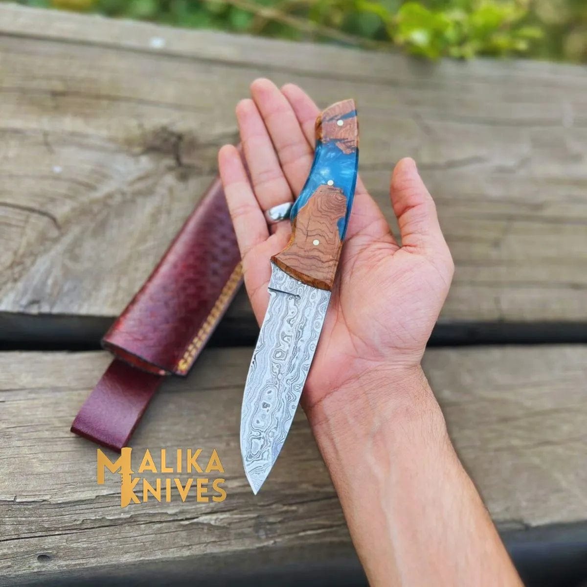 MALIKA KNIVES simple Handmad Damascus Steel Skinner Knife - Rosewood & Resin Handle - Leather Sheath - Ultimate Outdoor Companion-0024