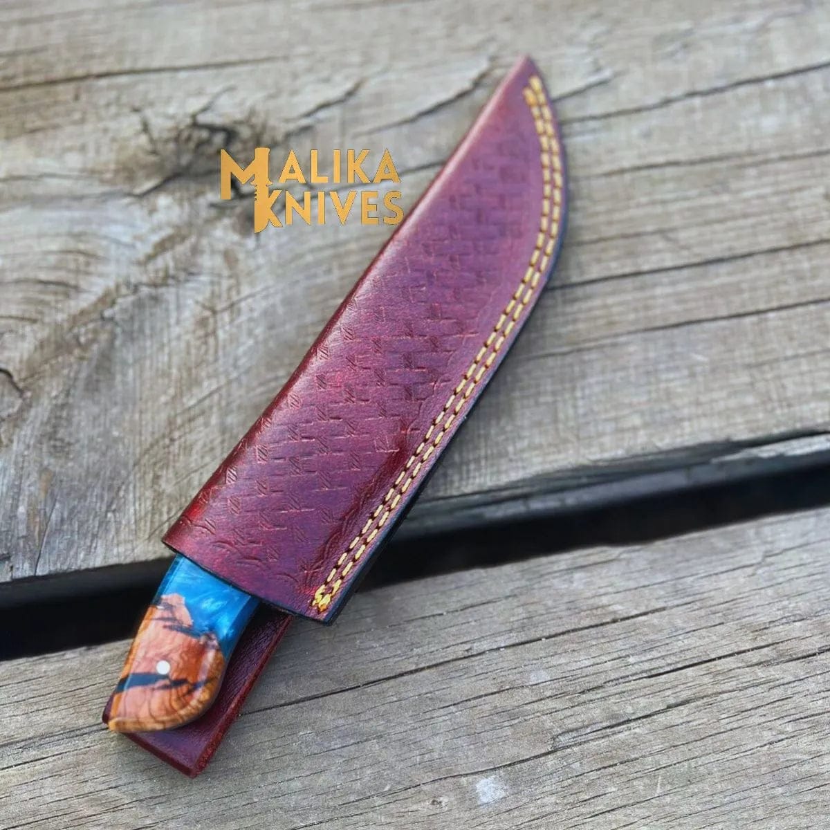 MALIKA KNIVES simple Handmad Damascus Steel Skinner Knife - Rosewood & Resin Handle - Leather Sheath - Ultimate Outdoor Companion-0024
