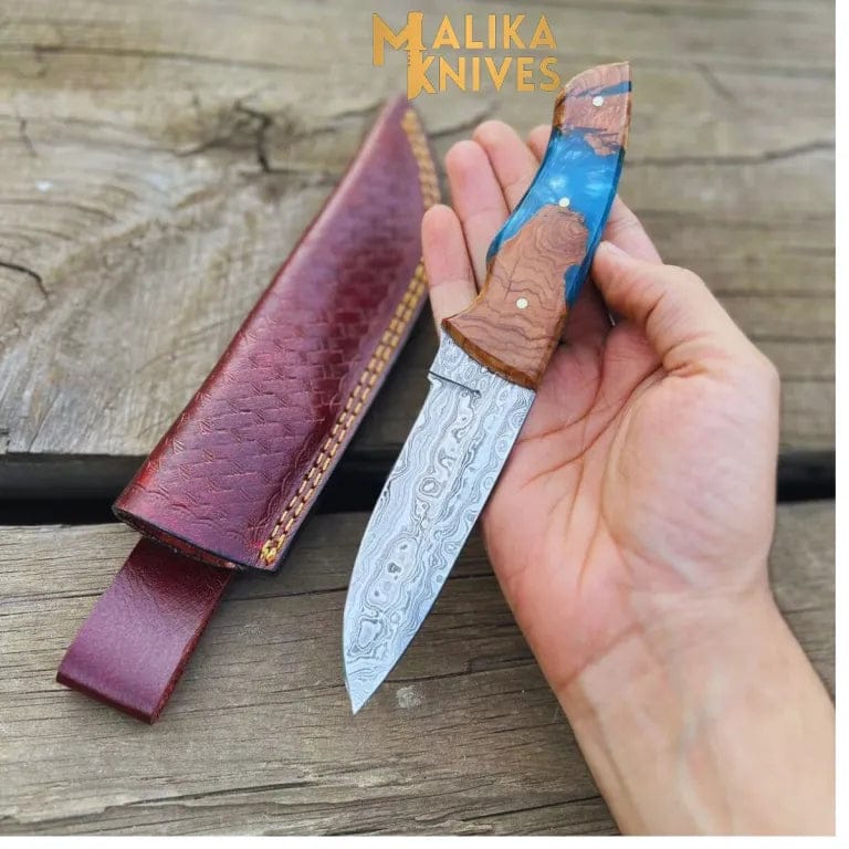 MALIKA KNIVES simple Handmad Damascus Steel Skinner Knife - Rosewood & Resin Handle - Leather Sheath - Ultimate Outdoor Companion-0024