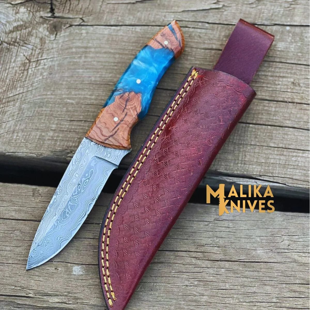 MALIKA KNIVES simple Handmad Damascus Steel Skinner Knife - Rosewood & Resin Handle - Leather Sheath - Ultimate Outdoor Companion-0024
