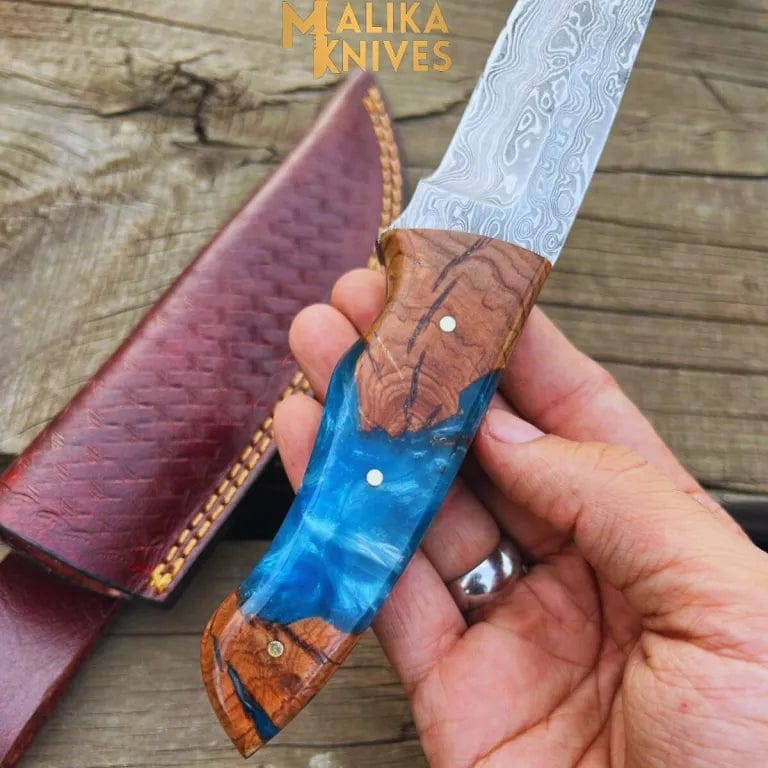 MALIKA KNIVES simple Handmad Damascus Steel Skinner Knife - Rosewood & Resin Handle - Leather Sheath - Ultimate Outdoor Companion-0024
