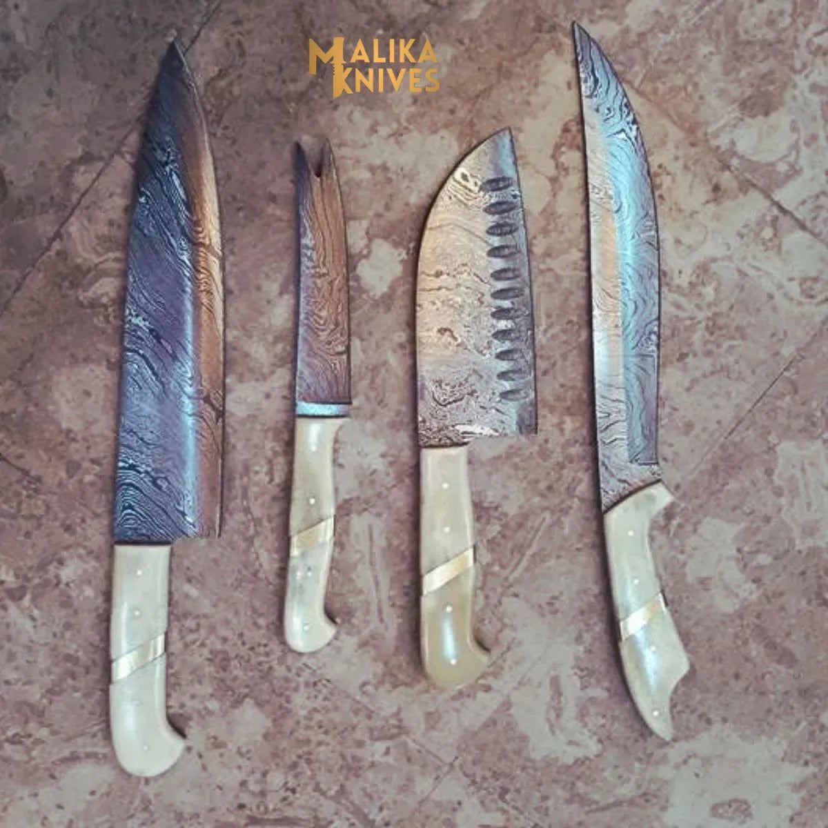 MALIKA KNIVES simple Handmade Camel Bone Chef knives Set with Leather Case-0206