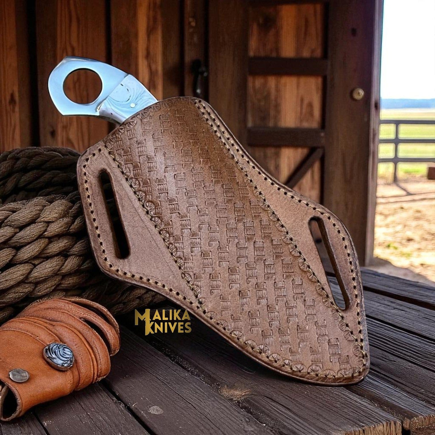 MALIKA KNIVES simple Handmade Cowboy Knife | Forged D2 Steel Blade with Resin Handle & Pancake Sheath – Ranch & Western Style