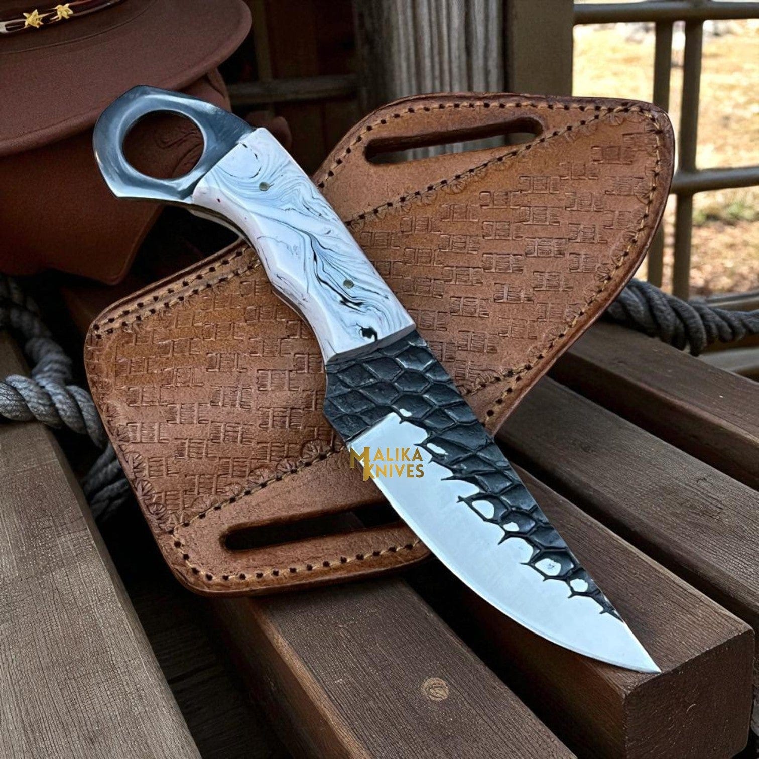MALIKA KNIVES simple Handmade Cowboy Knife | Forged D2 Steel Blade with Resin Handle & Pancake Sheath – Ranch & Western Style
