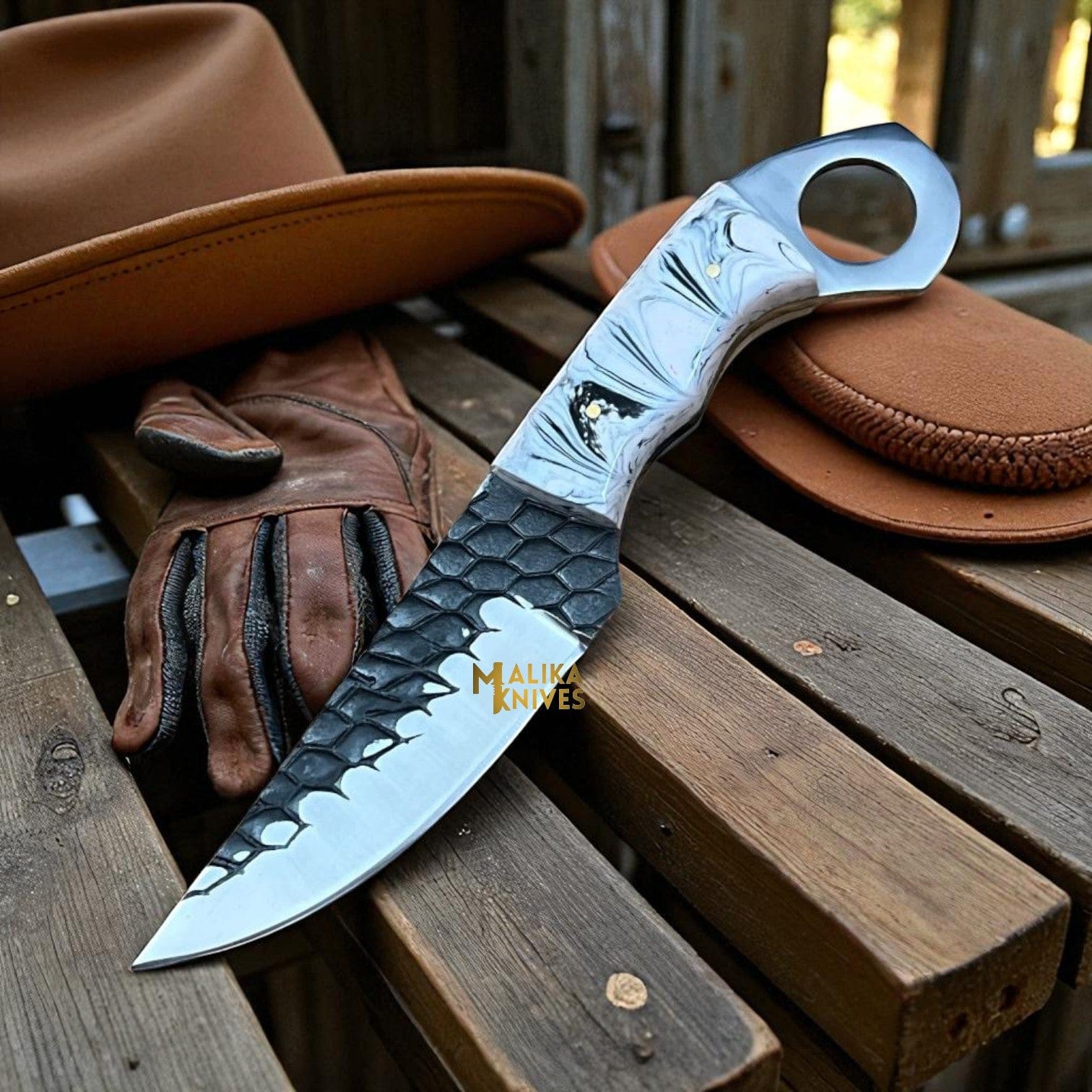 MALIKA KNIVES simple Handmade Cowboy Knife | Forged D2 Steel Blade with Resin Handle & Pancake Sheath – Ranch & Western Style