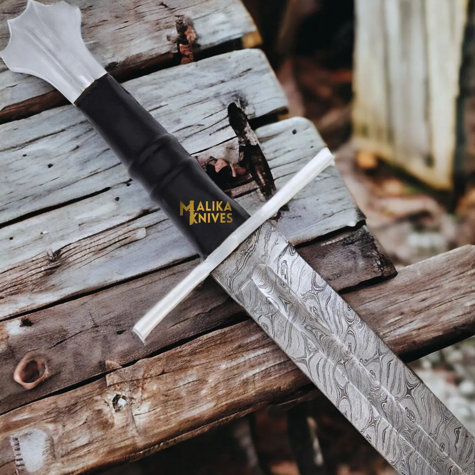 MALIKA KNIVES simple Handmade Medieval Damascus Arming Templar Knight Sword with Leather sheath-901
