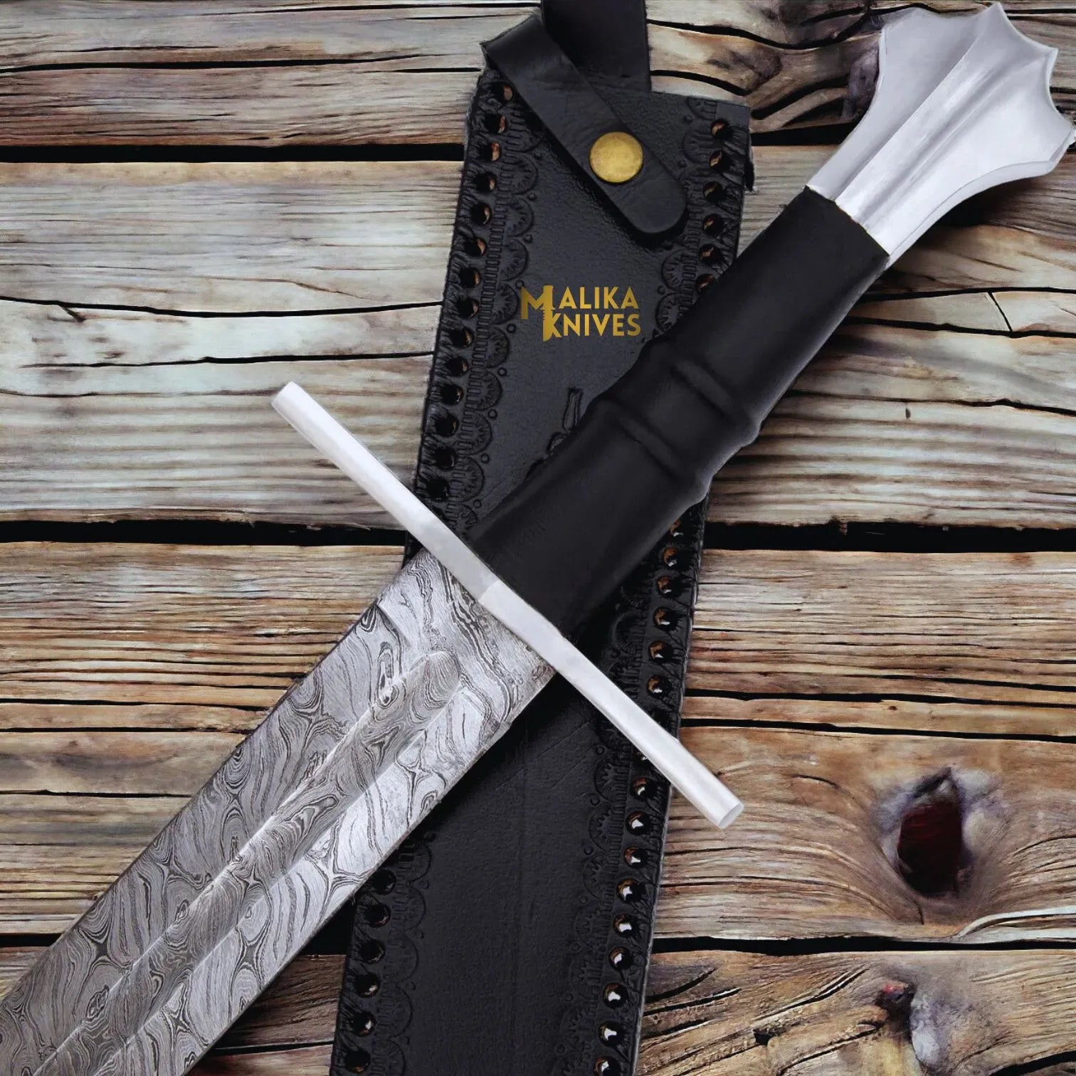 MALIKA KNIVES simple Handmade Medieval Damascus Arming Templar Knight Sword with Leather sheath-901