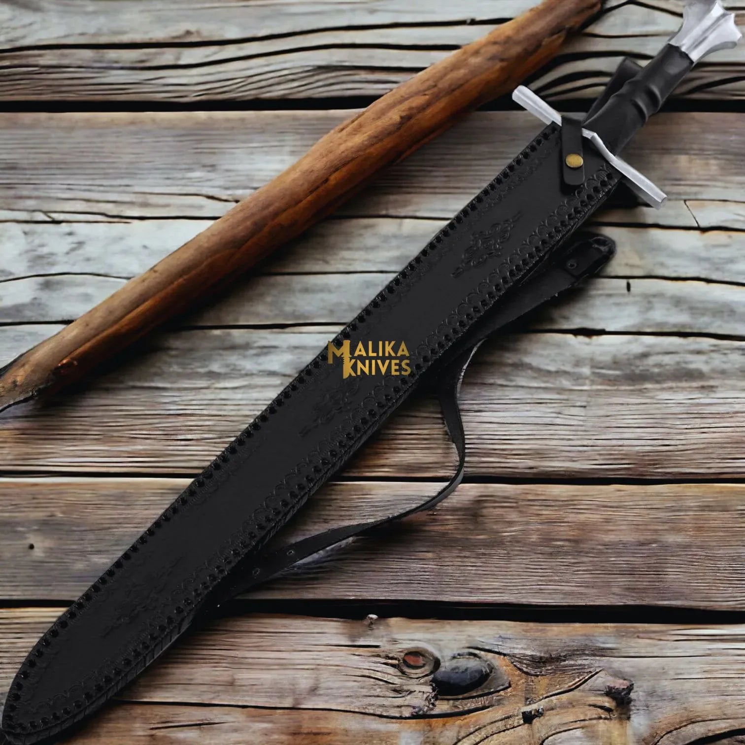 MALIKA KNIVES simple Handmade Medieval Damascus Arming Templar Knight Sword with Leather sheath-901