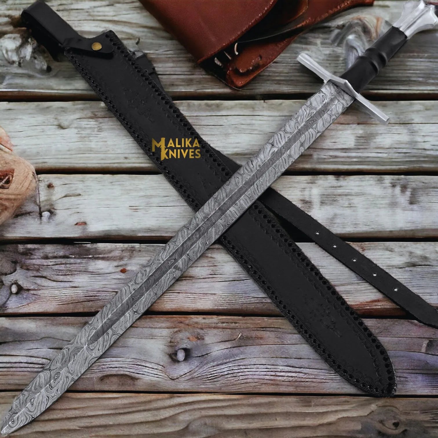 MALIKA KNIVES simple Handmade Medieval Damascus Arming Templar Knight Sword with Leather sheath-901