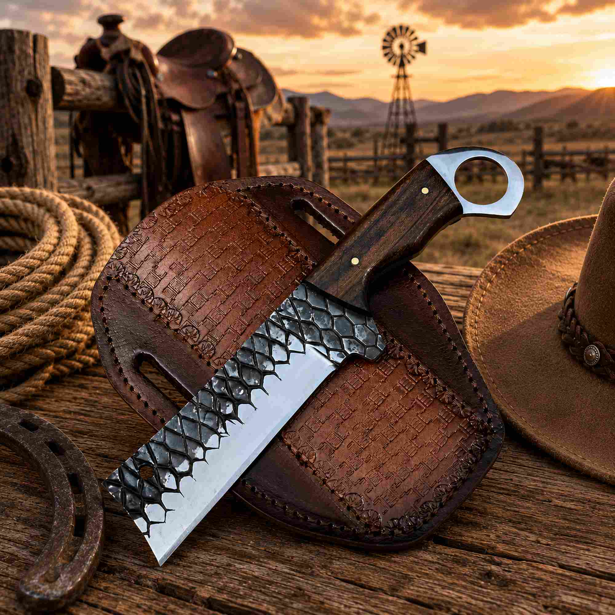 MALIKA KNIVES simple Ironwood Ranch Bull Cutter Knife in D2 Rasp Steel