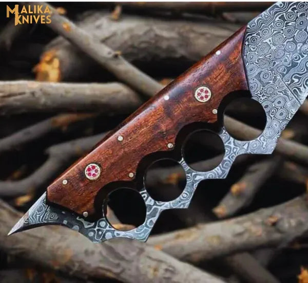 MALIKA KNIVES simple Knuckle Bowie Knife Damascus Steel Rosewood Handle