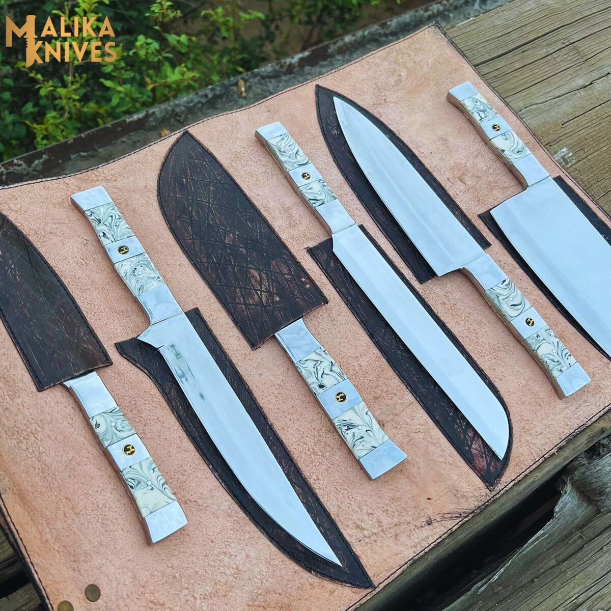 MALIKA KNIVES simple Malika Ultimate Kitchen Knife Set: Premium Black & white Collection with Custom Leather Carrying Case -0205