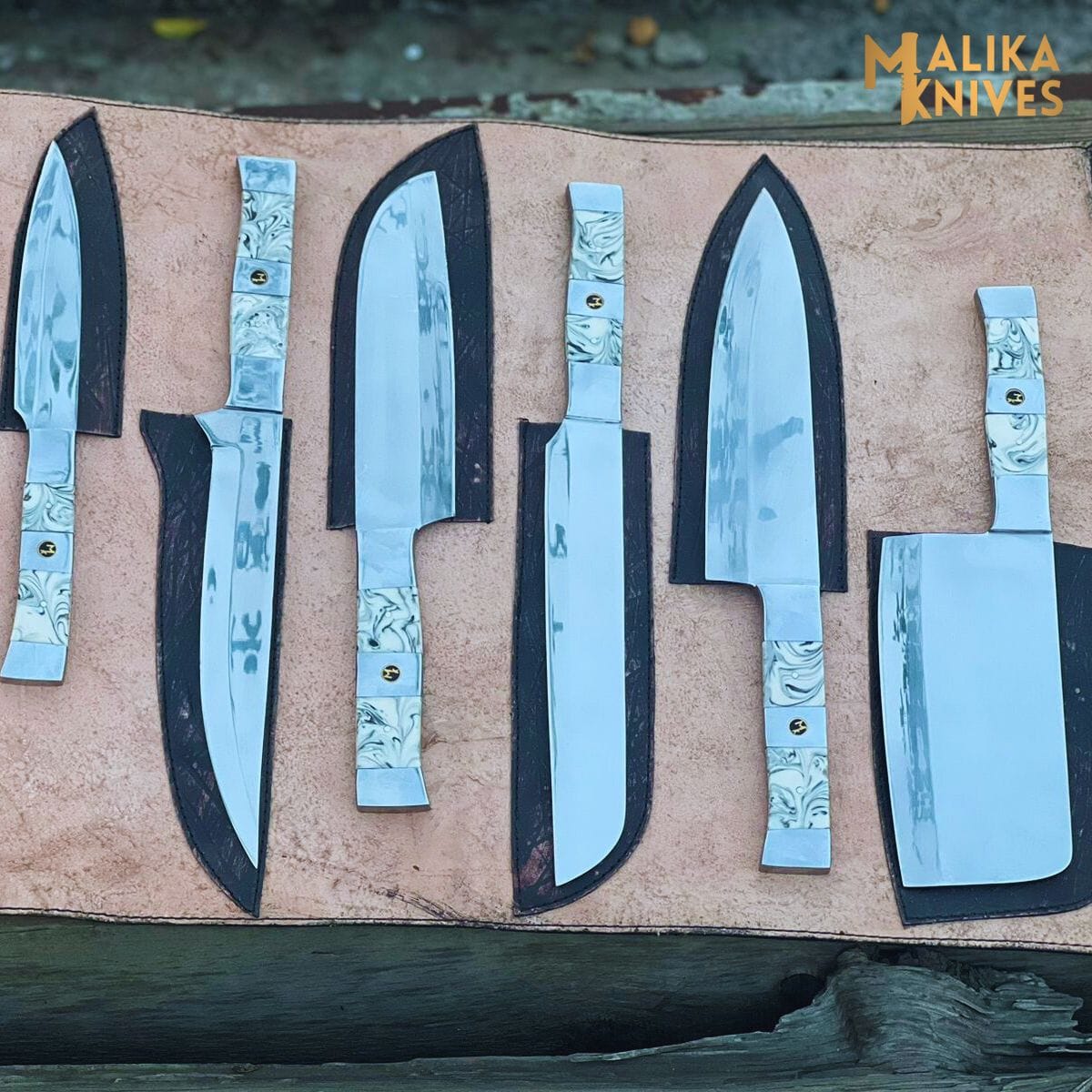 MALIKA KNIVES simple Malika Ultimate Kitchen Knife Set: Premium Black & white Collection with Custom Leather Carrying Case -0205