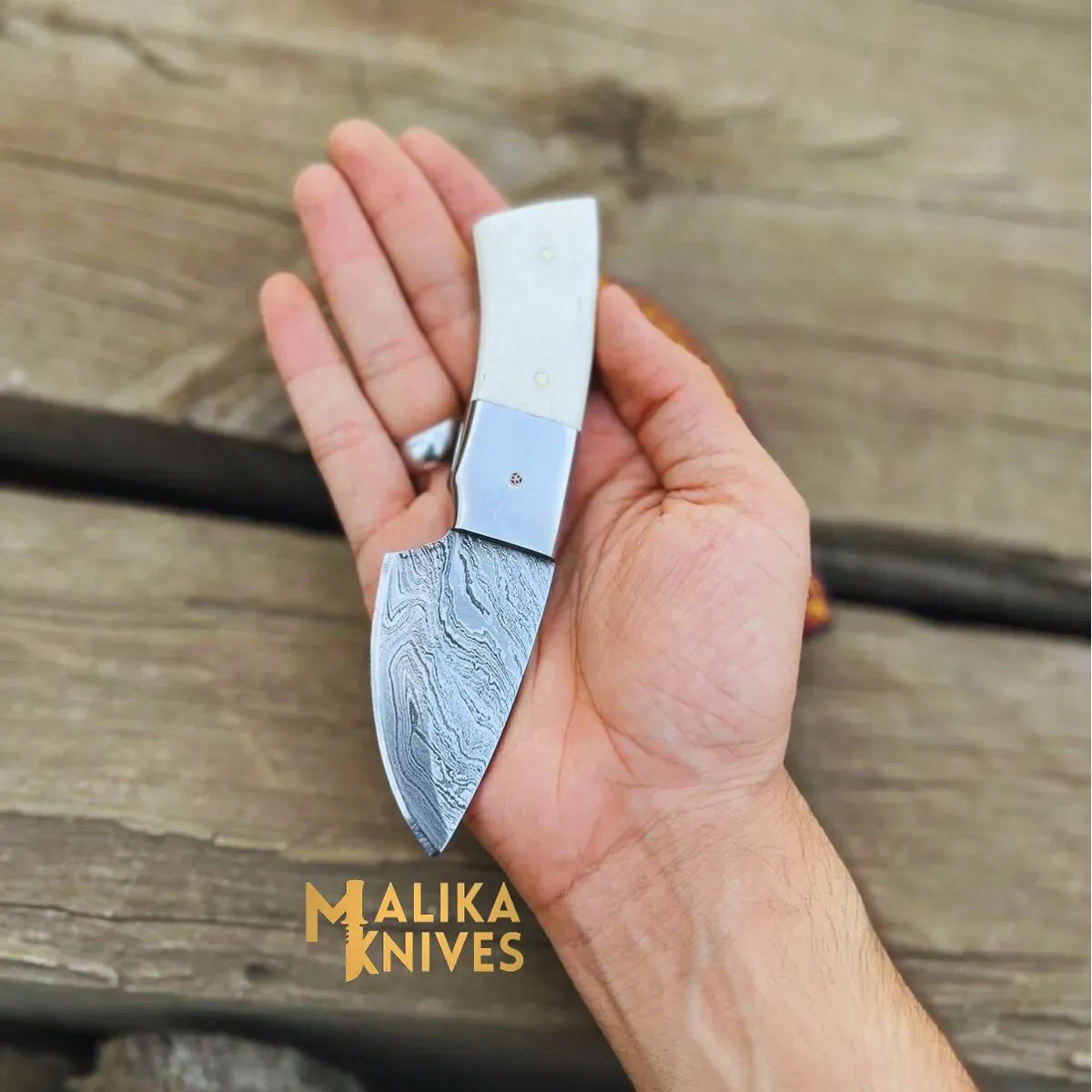 MALIKA KNIVES simple Mini Modern Tanto Skinner Knife - Camel Bone Handle for Precision Cutting & Stylish Design-0030