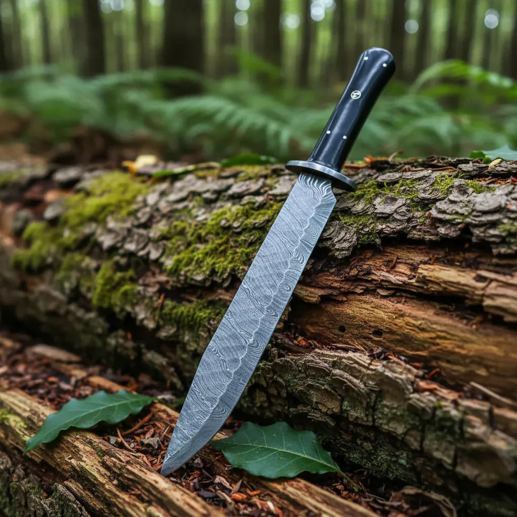 MALIKA KNIVES simple Mountain Man Bowie Knife Damascus Bull Horn